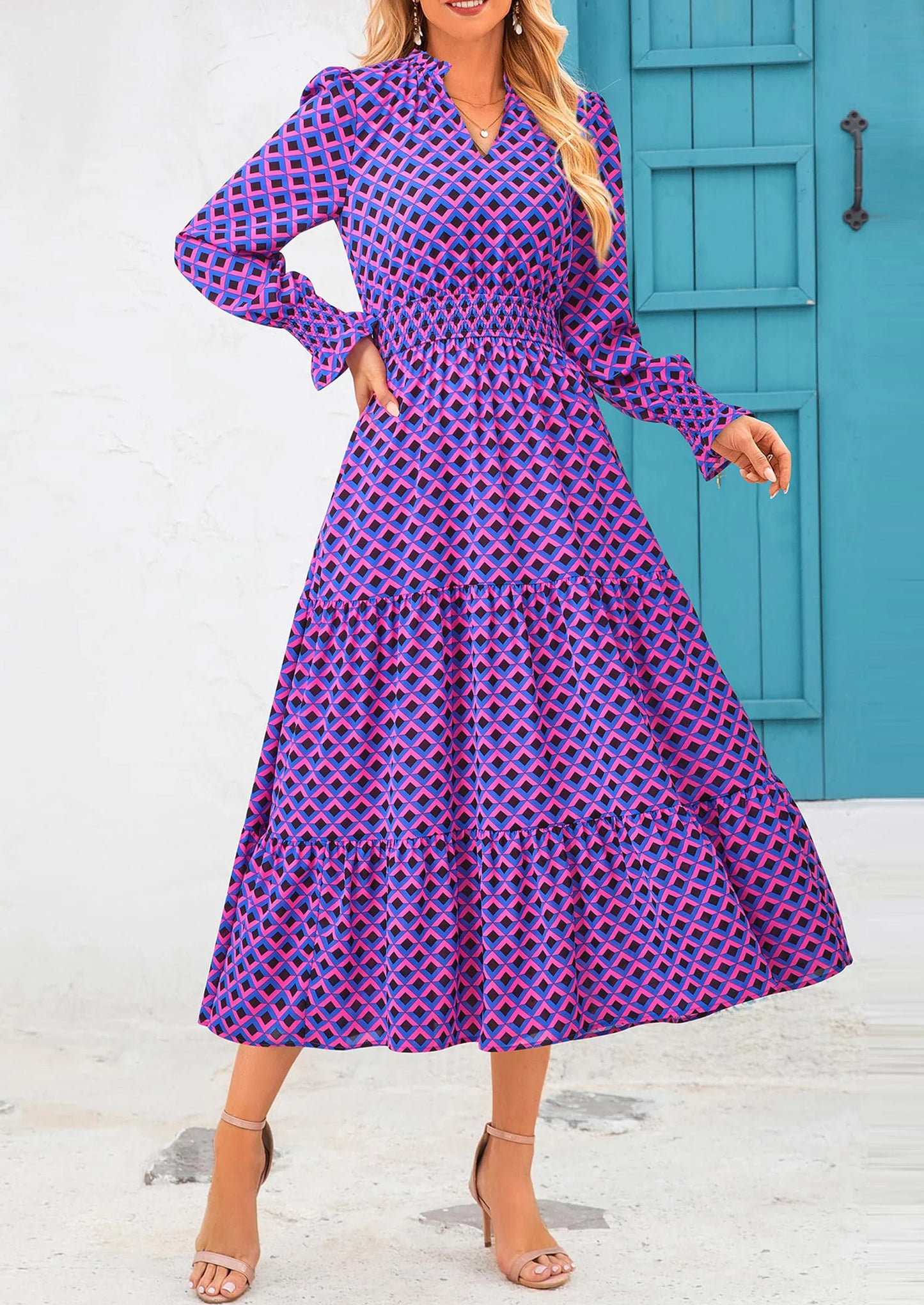 Women's Floral Maxi Dress Spring Long Sleeve V Neck Casual A Line Long Flowy Boho Party Dresses