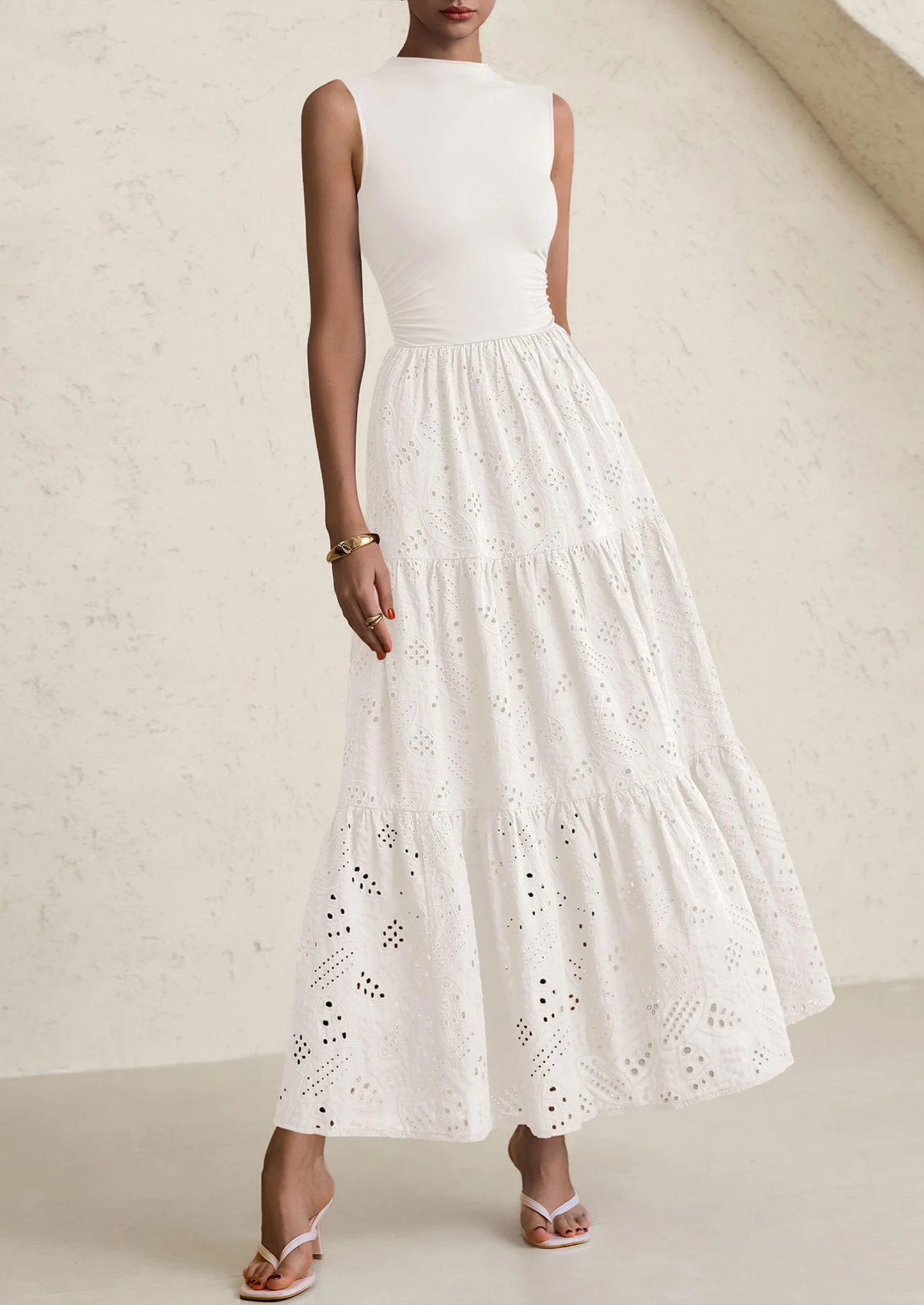 Dresses for Women Casual Eyelet Sleeveless Wedding Guest Maxi Dress Tank Top Sundress with Pockets