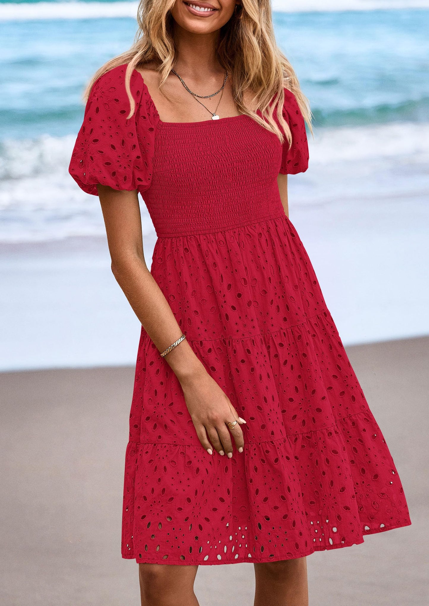 Womens Summer Puff Sleeve Mini Dress Off Shoulder Eyelet Smocked A Line Casual Babydoll Short Dresses