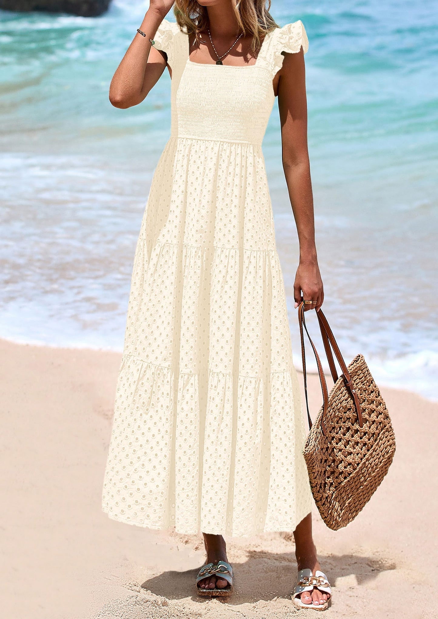Womens Square Neck Maxi Dresses Cap Sleeve Eyelet Smocked Tiered A Line Flowy Long Dress with Pockets