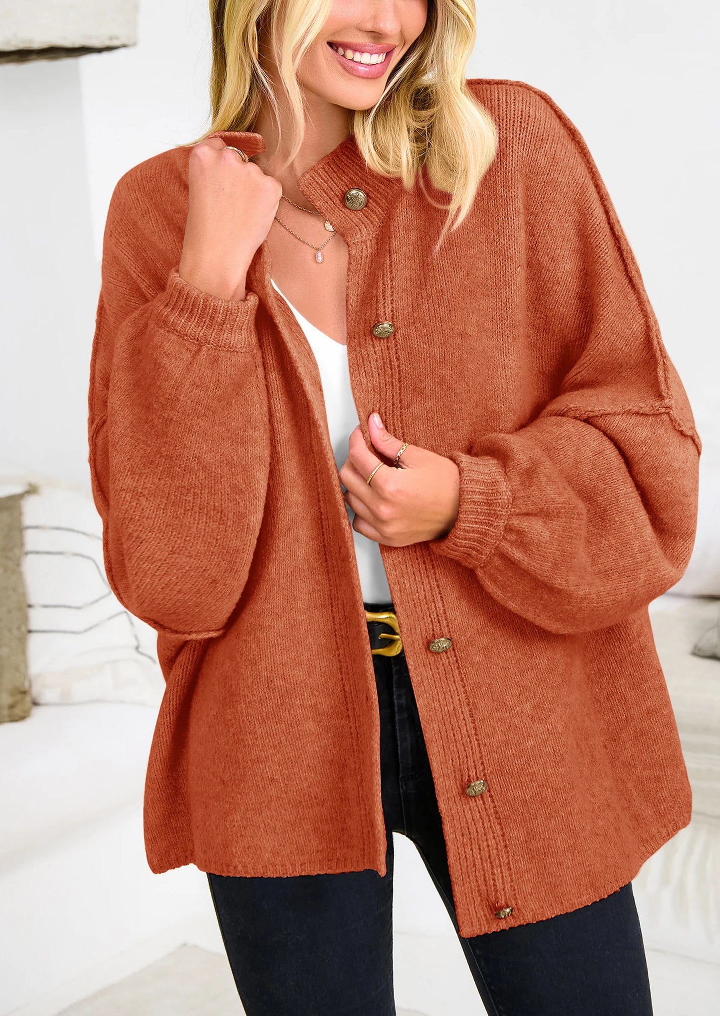 Women's Winter Button Down Cardigan Sweaters Mock Neck Lantern Long Sleeve Chunky Knit Jacket Trendy Outerwear