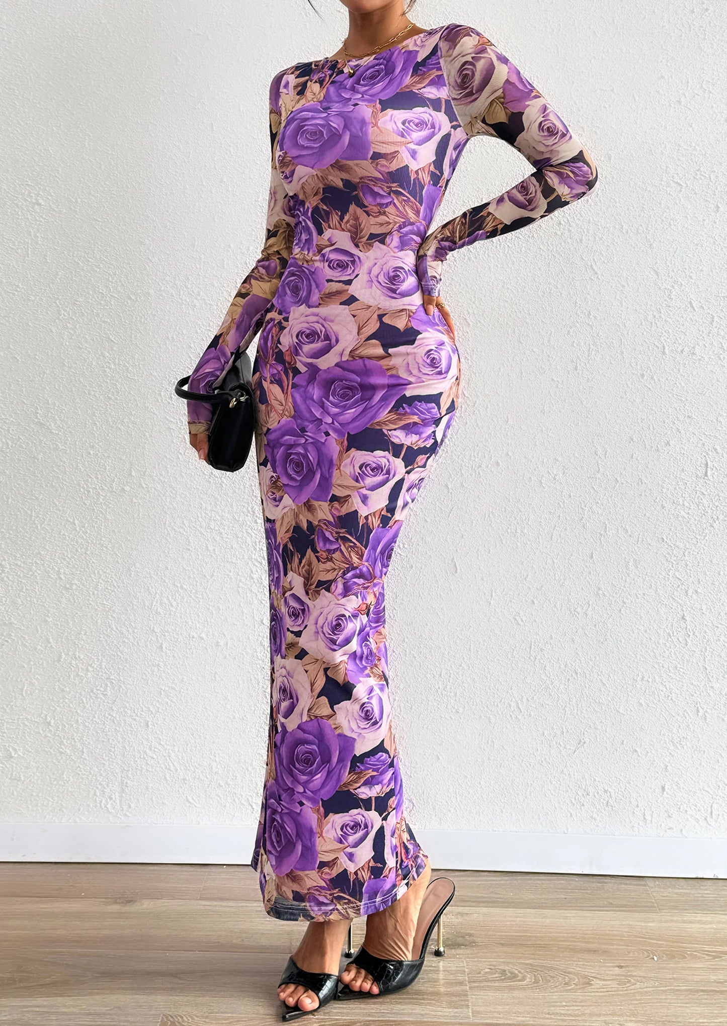 Bodycon Maxi Dress Fall Floral Long Sleeve Sexy Mesh Cocktail Wedding Guest Long Dresses