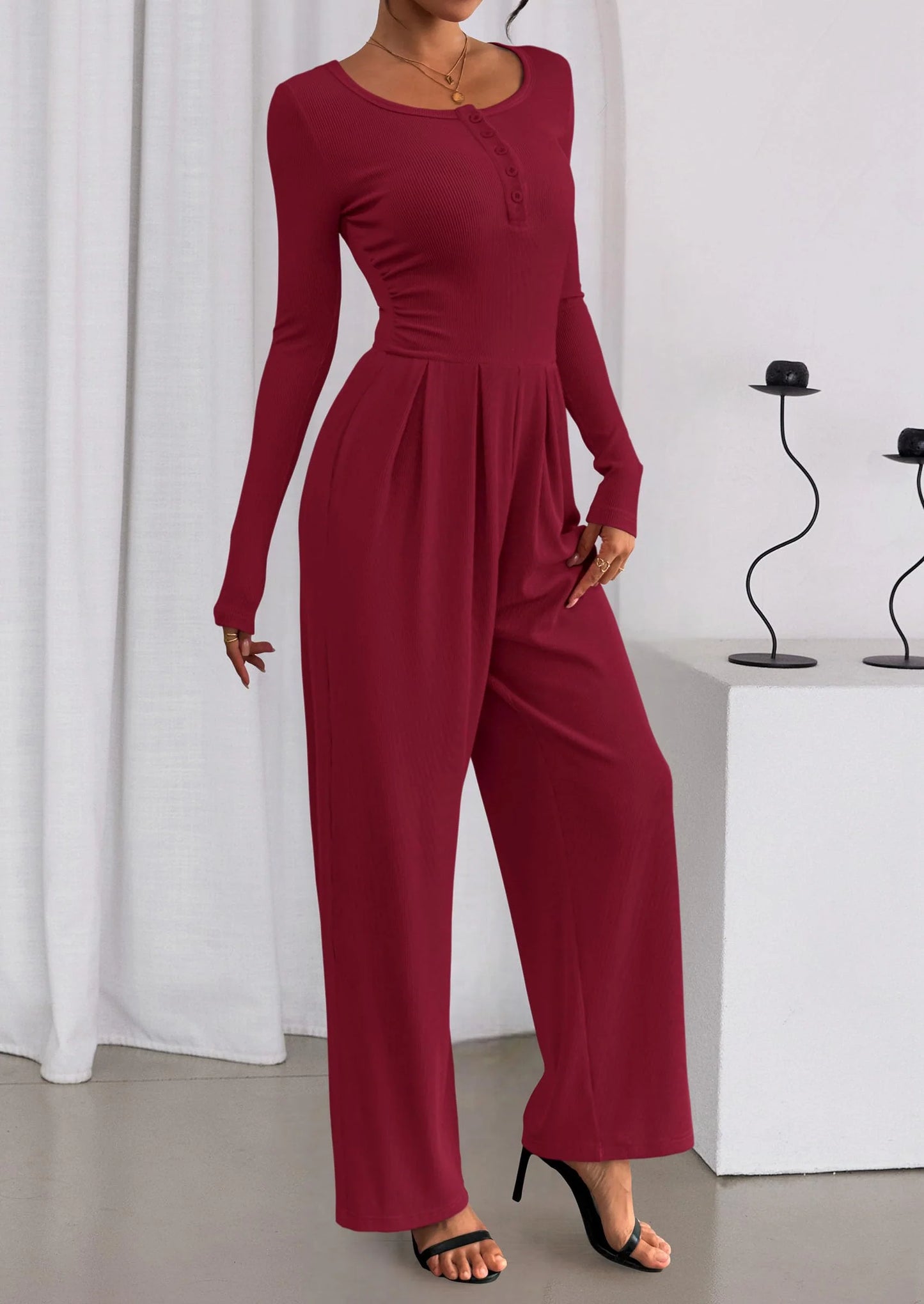 Jumpsuits for Women Dressy Casual Fall One Piece Outfits Long Sleeve Crew Neck Wide Leg Pants Rompers