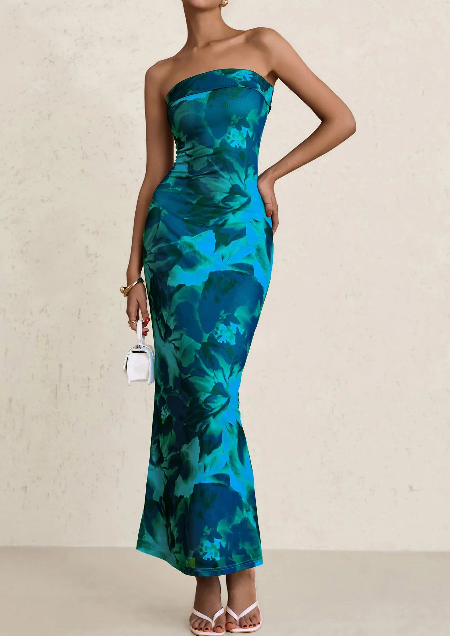 Womens Printed Tube Maxi Dress Strapless Bodycon Sleeveless Night Out Long Dresses