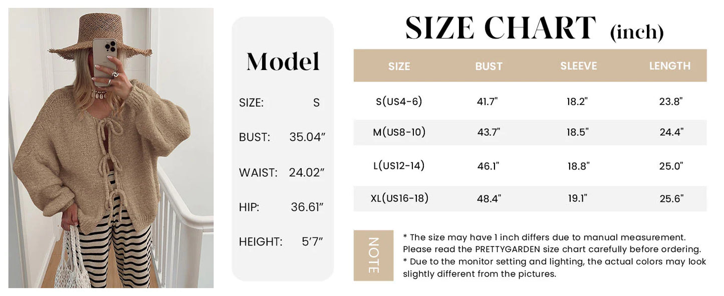 Women's Tie Front Bow Cardigan Sweaters Chunky Knit Long Puff Sleeve Trendy Fall Winter Jacket Coats