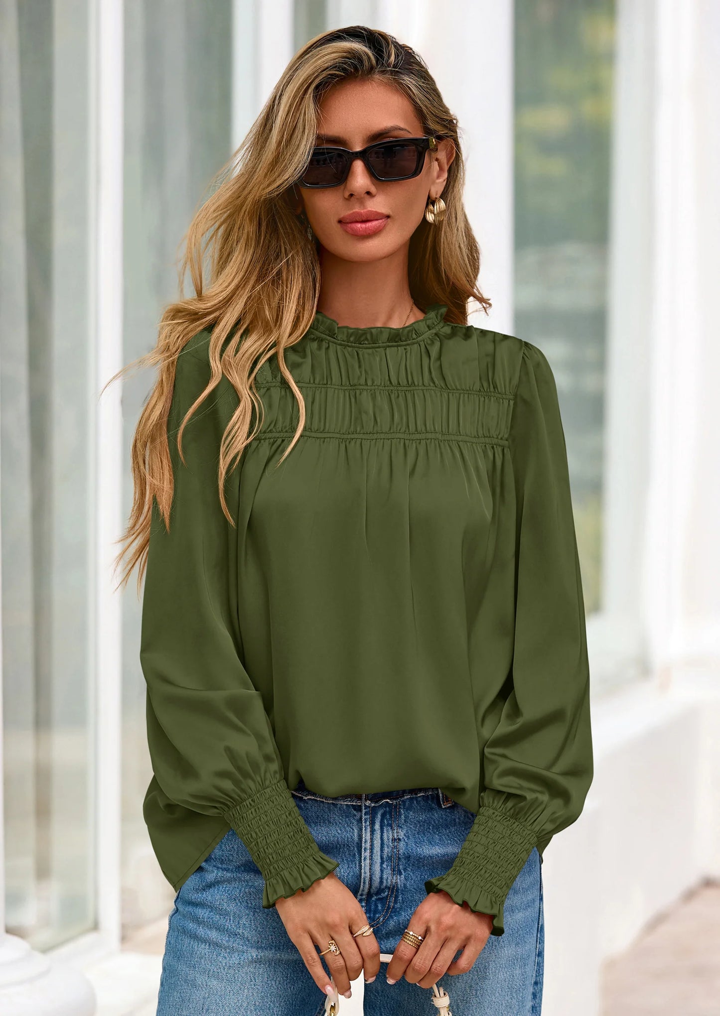 Blouses for Women Dressy Casual Fall Outfits Frill Neck Long Sleeve Shirts Satin Work Business Casual Tops