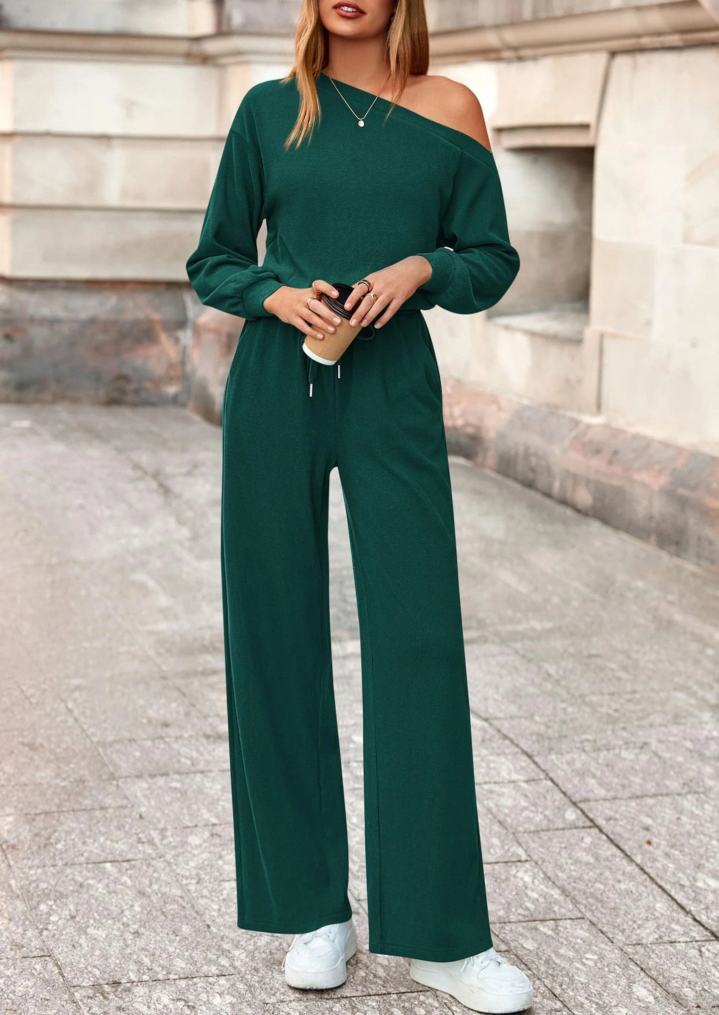Long Sleeve Jumpsuit For Women Dressy Off Shoulder One Piece Loose Wide Leg Jumpsuits Casual Flowy Romper