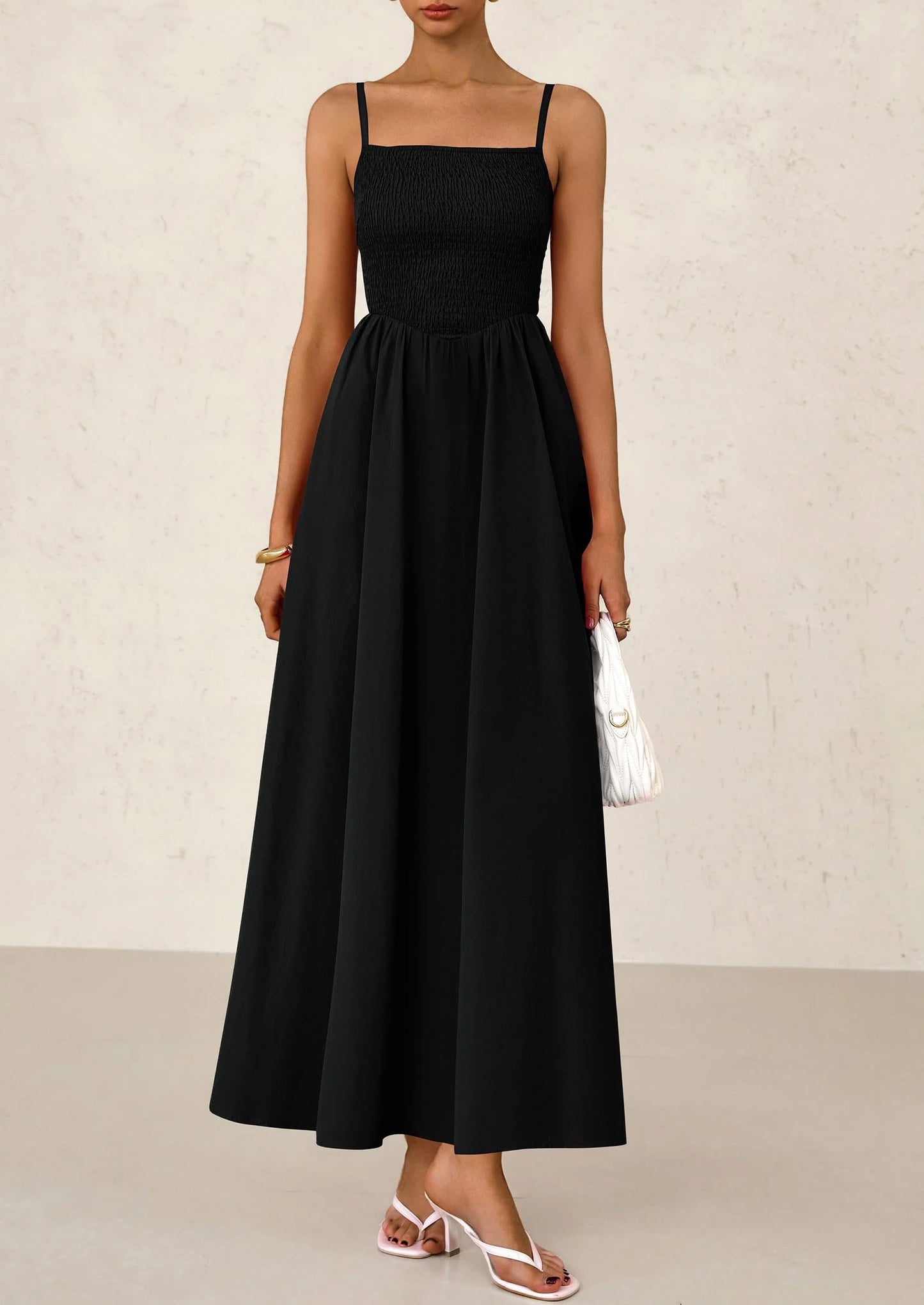 Women's Smocked Maxi Dresses Beach Sundress Casual Spaghetti Strap Swing A Line Long Flowy Dress