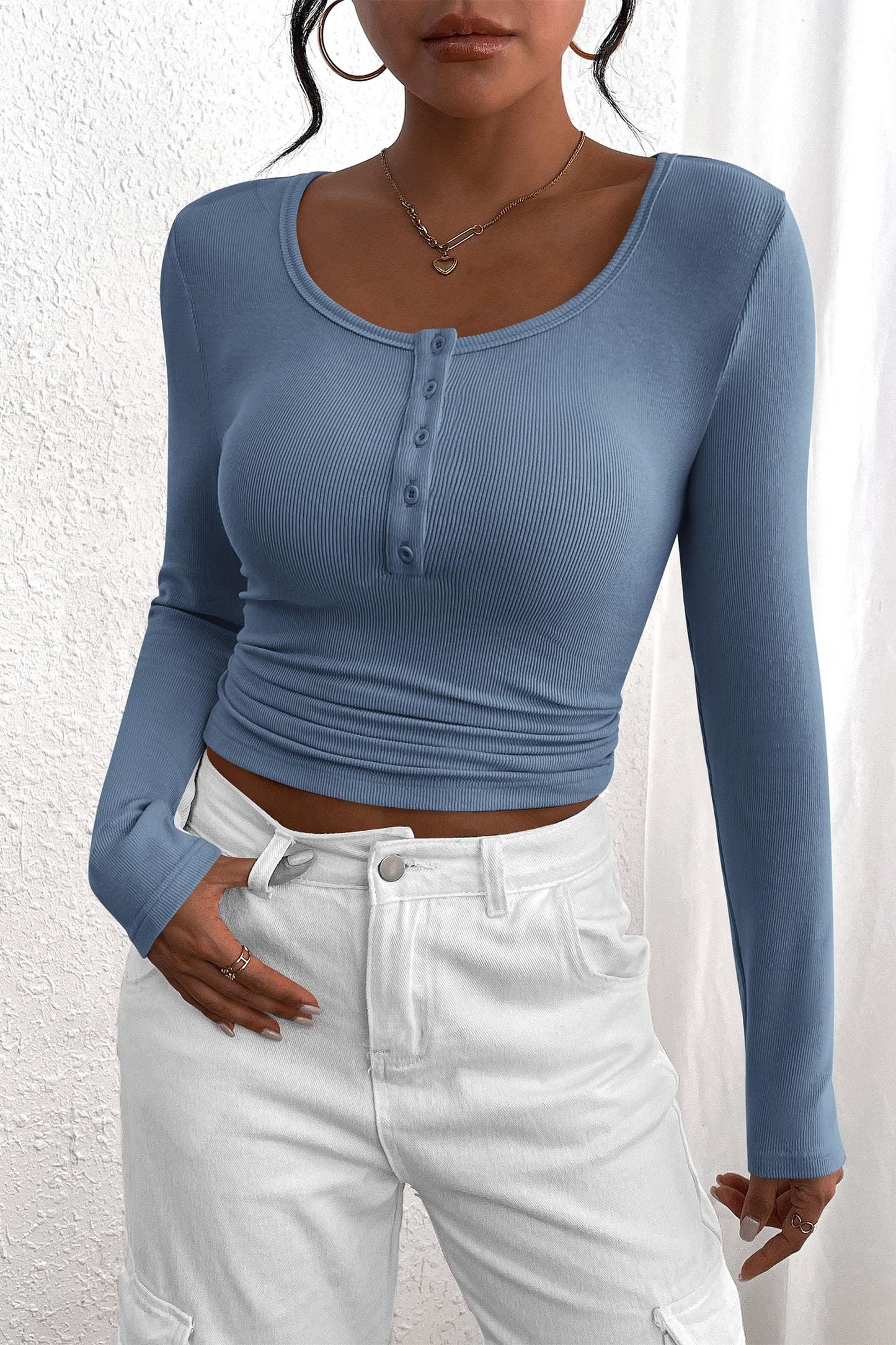 Women's Spring Fall Long Sleeve Henley T Shirts Button Ribbed Knit Slim Fit Casual Basic Tops Blouse