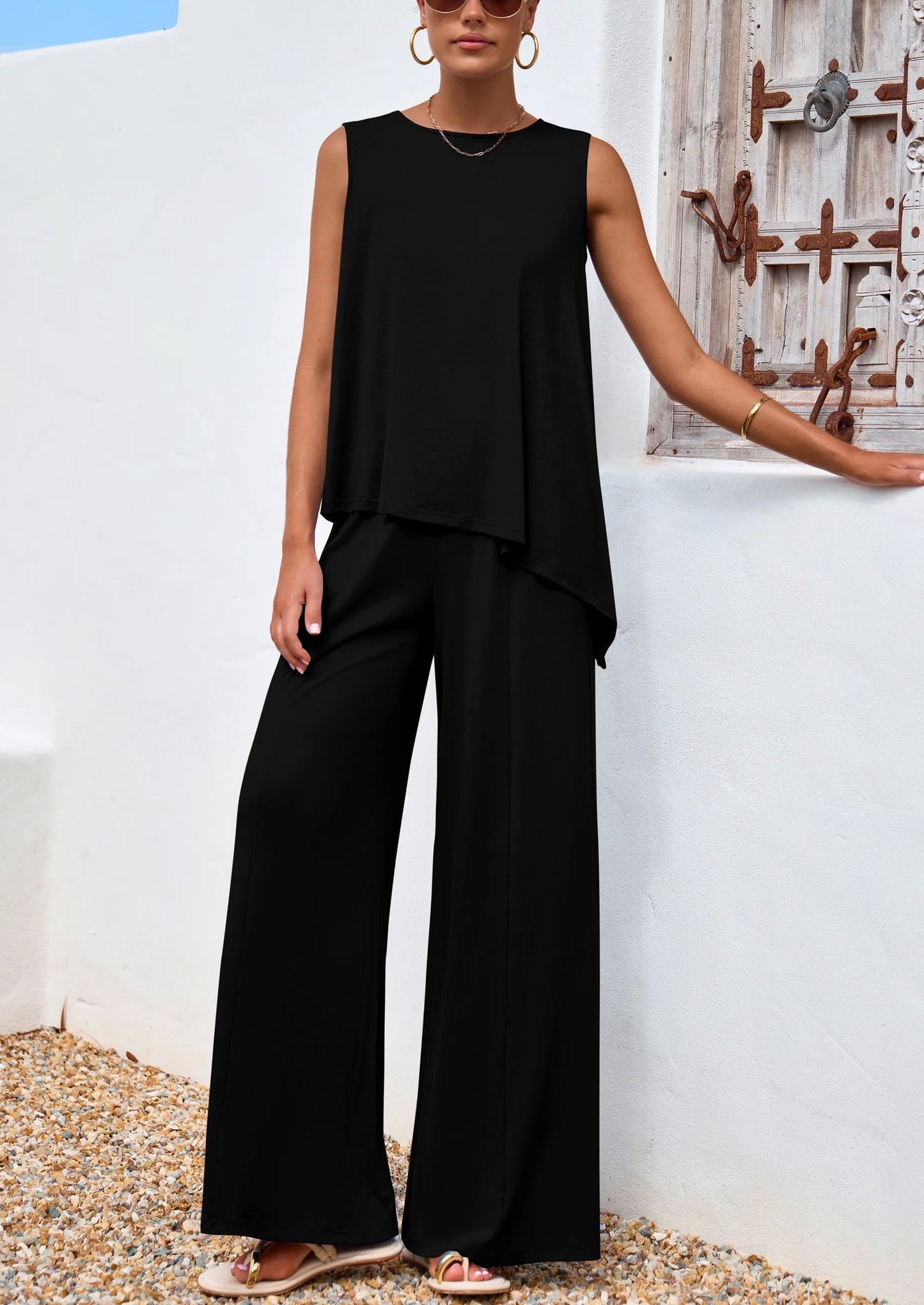 Women's Two Piece Matching Lounge Sets Asymmetrical Split Tank Tops Wide Leg Pants Summer Outfits Tracksuit