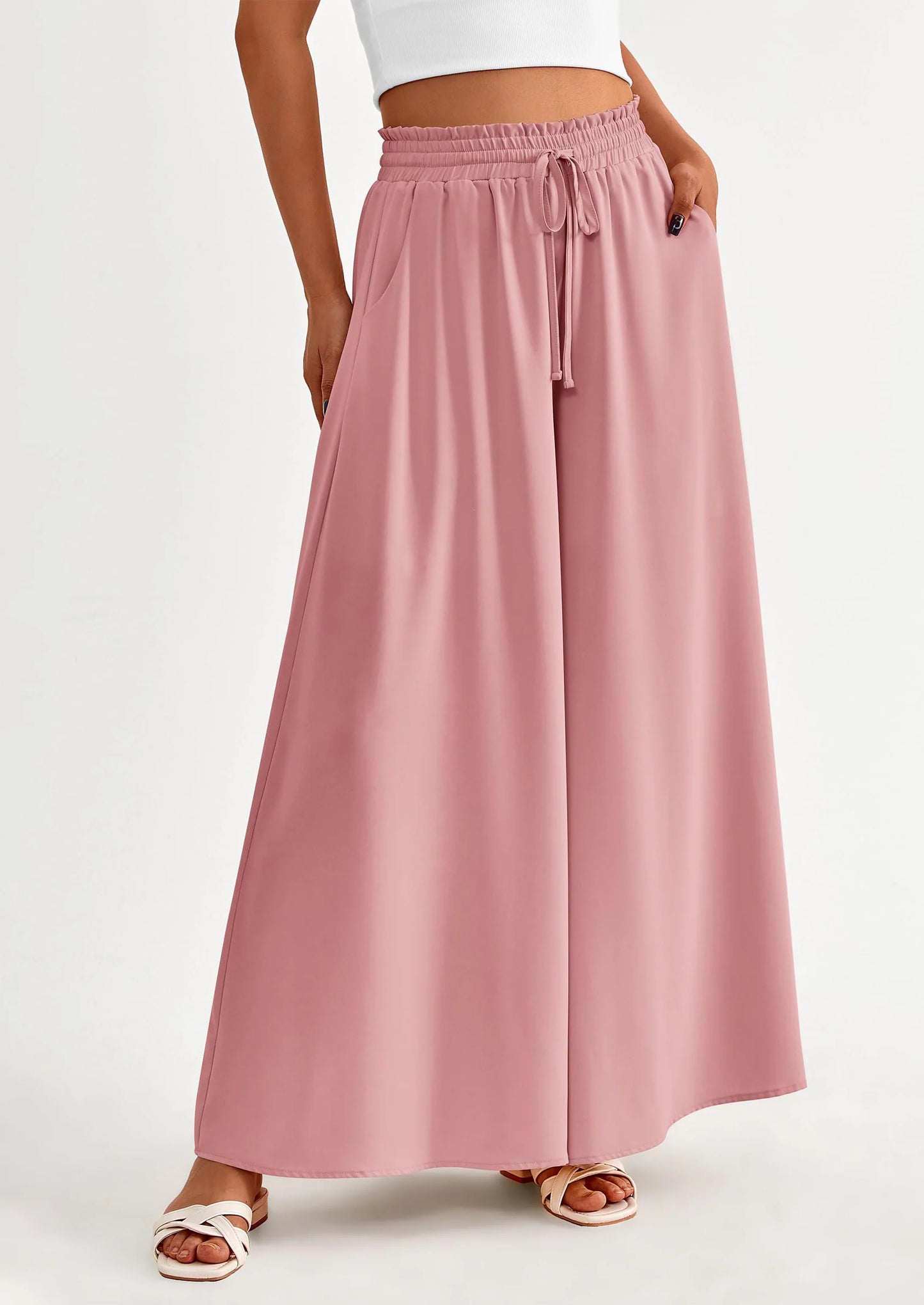 Women's Summer Wide Leg Palazzo Pants High Waisted Flowy Pockets Trendy Casual Lounge Boho Beach Trousers