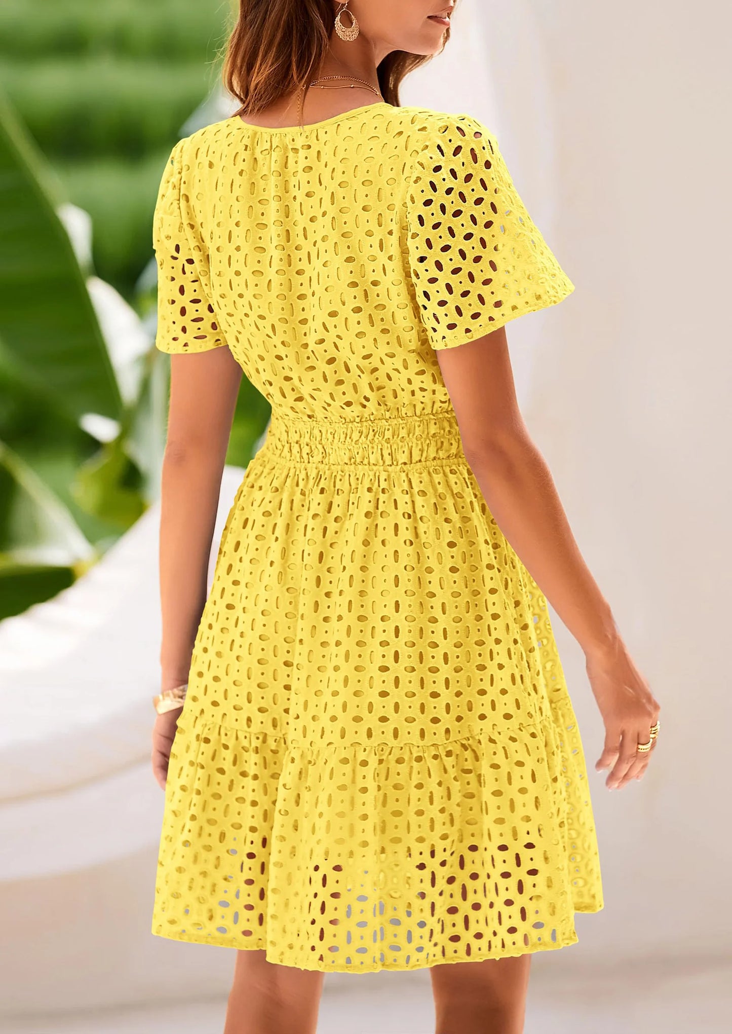 Women Summer Short Dress V Neck Short Sleeve A Line Hollow Out Lace Ruffle Cute Casual Beach Party Dresses