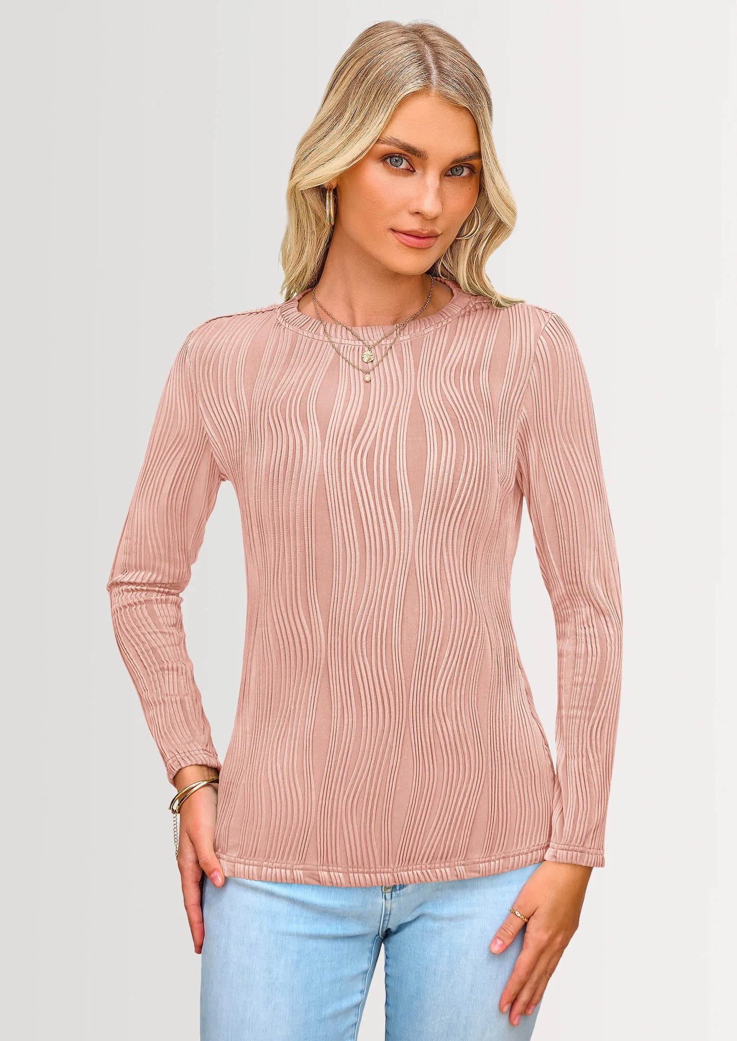 Long Sleeve Tops for Women Spring Fall Trendy Business Dressy Casual Shirts Crewneck Textured Blouse