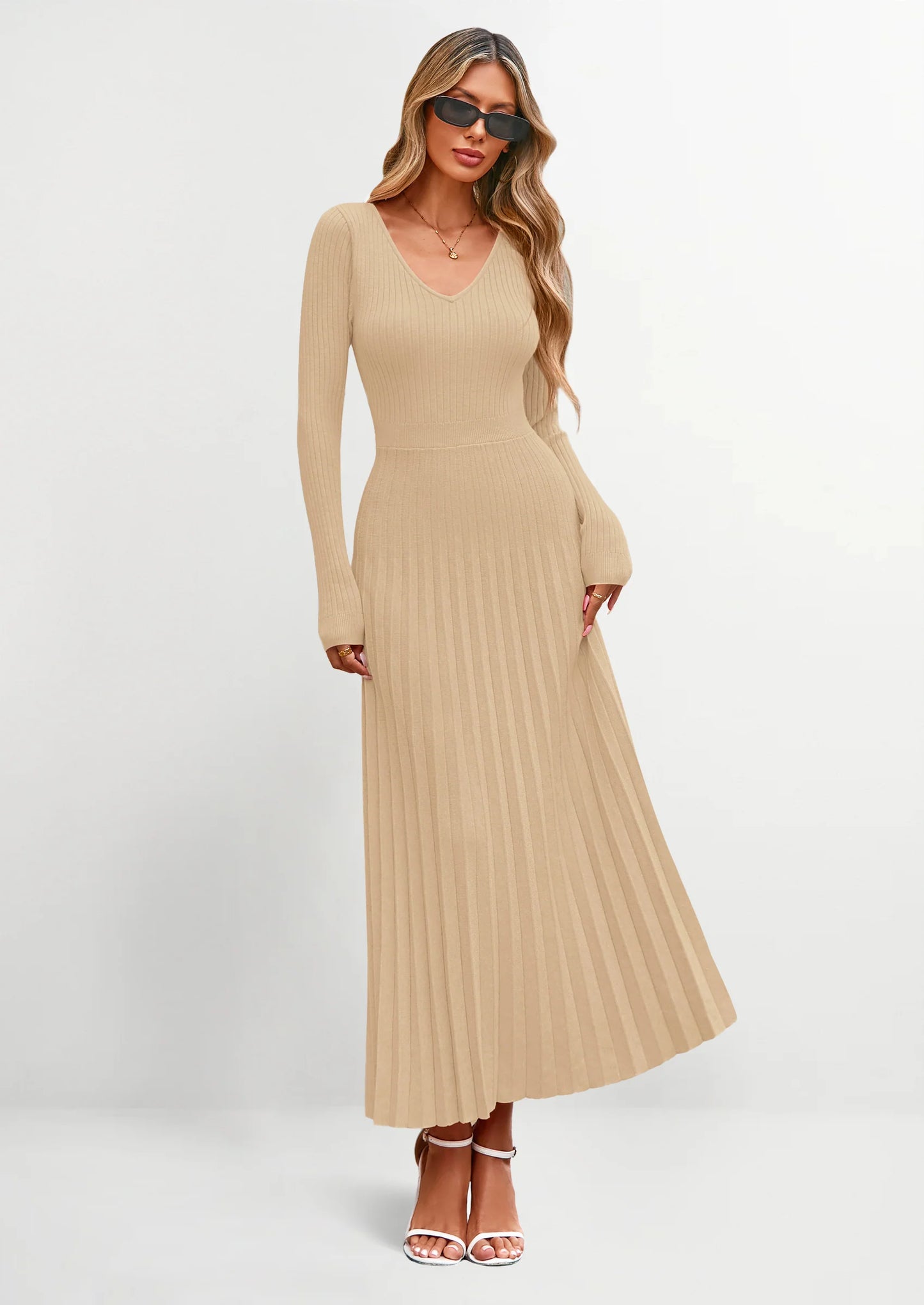 Women Sweater Dress Fall Fashion Long Sleeve V Neck Ribbed Knit Pleated A Line Elegant Maxi Winter Dresses