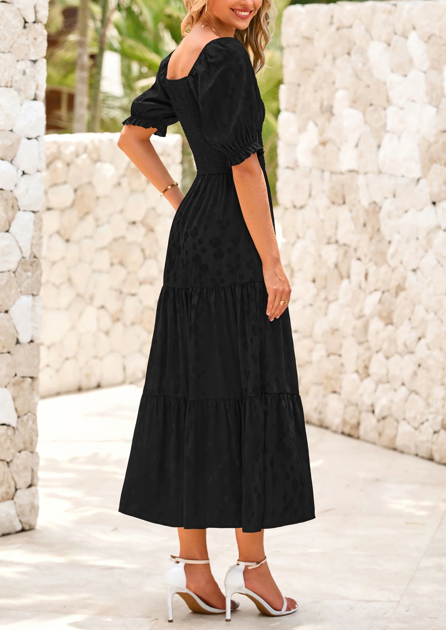 Women's Casual Midi Dresses Square Neck Short Sleeve Smocked A Line Floral Flowy Elegant Boho Dress