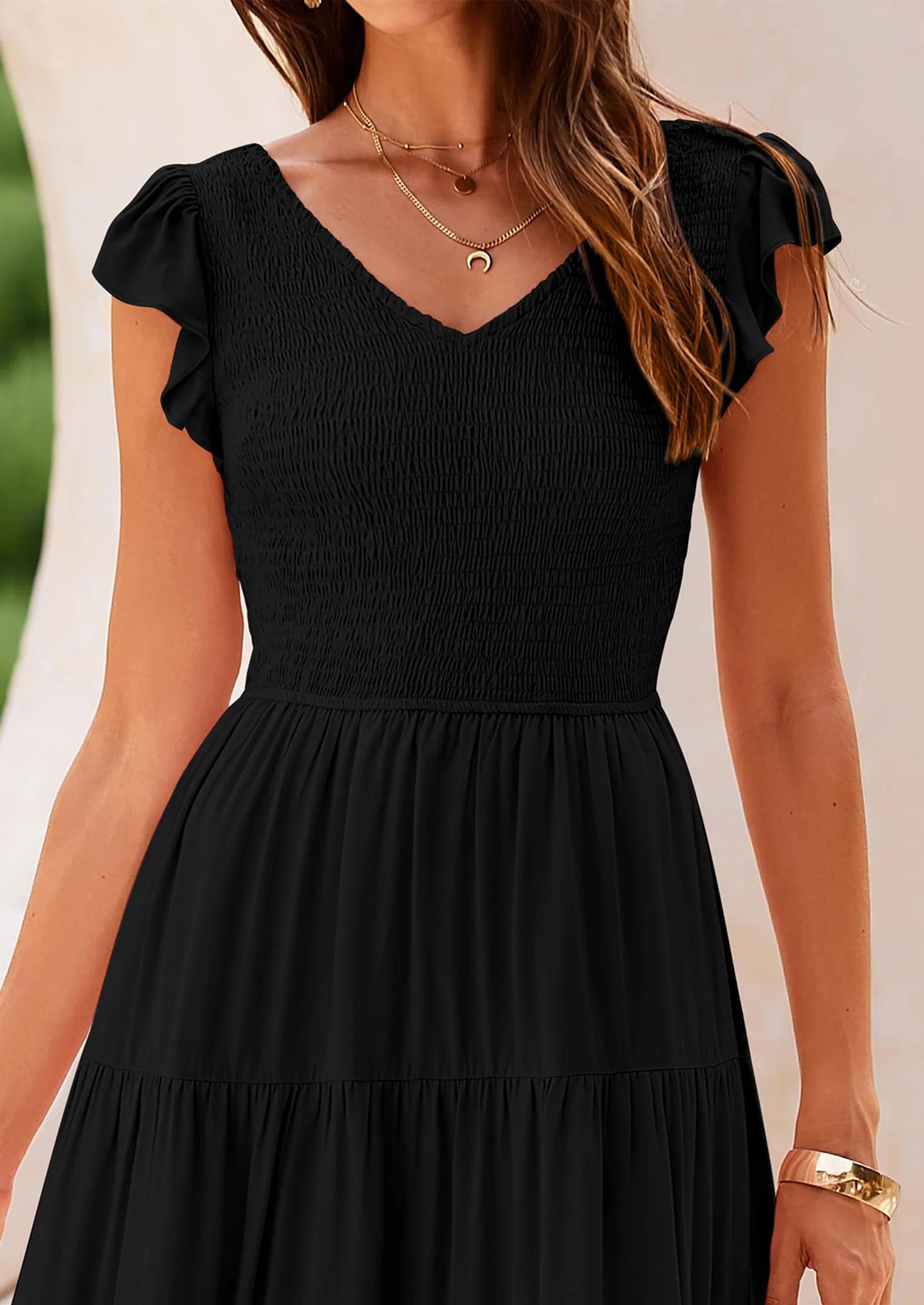 Women's Flowy Maxi Dress Casual Cap Sleeve V Neck Smocked Beach Sundress