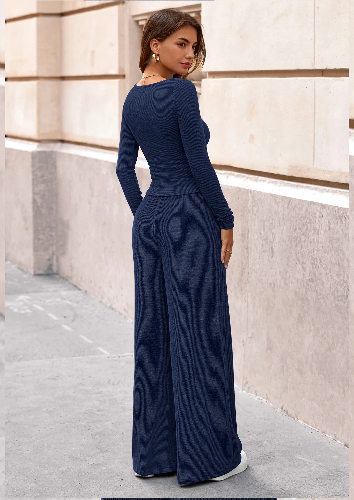 Women's 2 Piece Lounge Sets Fall Fashion Long Sleeve Crop Top Wide Leg Pants Matching Sets Clothing