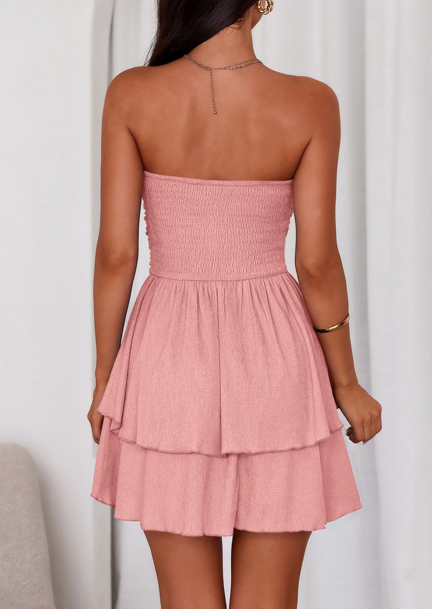 Women's Summer Strapless Tube Mini Dress Off Shoulder Smocked Ruffle A Line Flowy Short Party Club Dresses