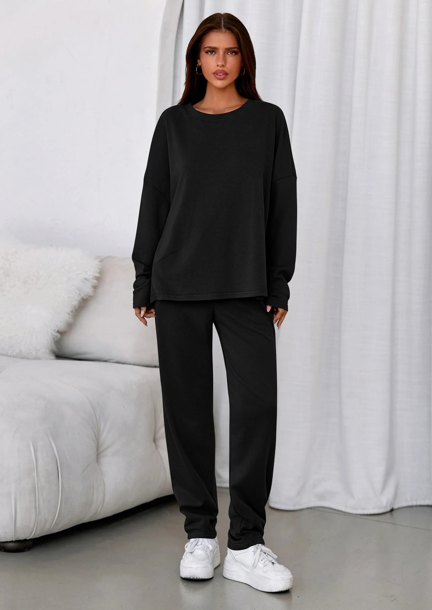 Womens 2 Piece Matching Lounge Sets Fall Long Sleeve Boatneck Sweatsuit Drawstring Sweatpants Pockets