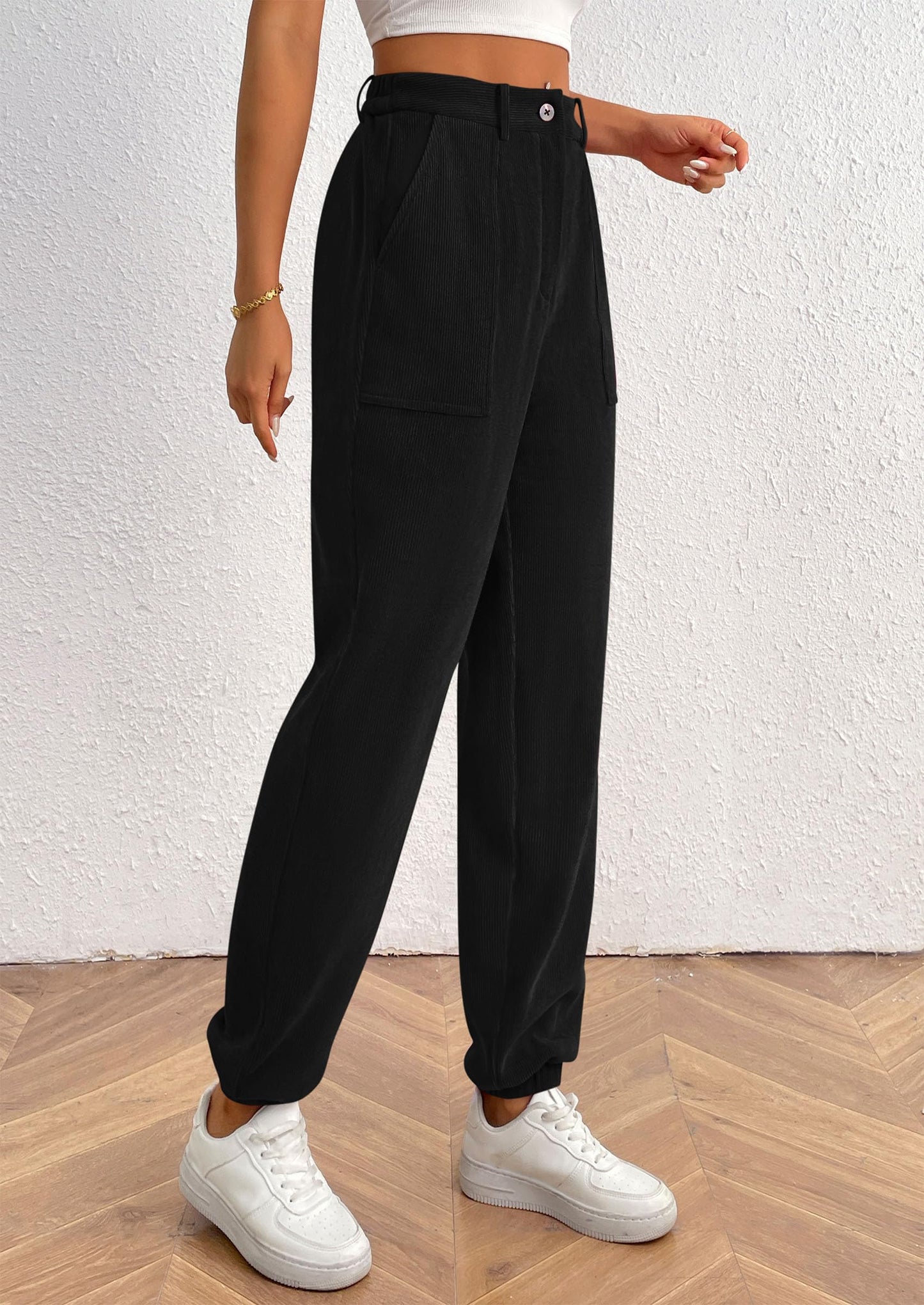 Women's Pants Dressy Casual Fall Elastic High Waisted Work Office Corduroy Trouser Slacks with Pockets