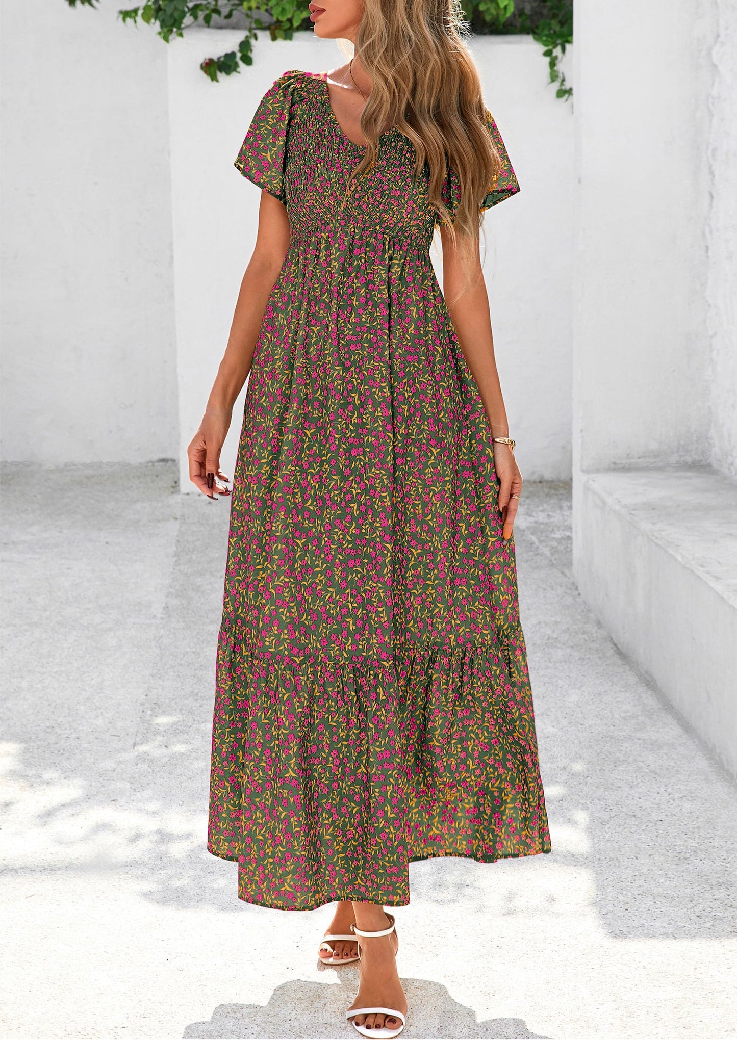 Women Floral Boho Maxi Dresses Short Sleeve V Neck Smocked A Line Long Flowy Beach Vacation Dress