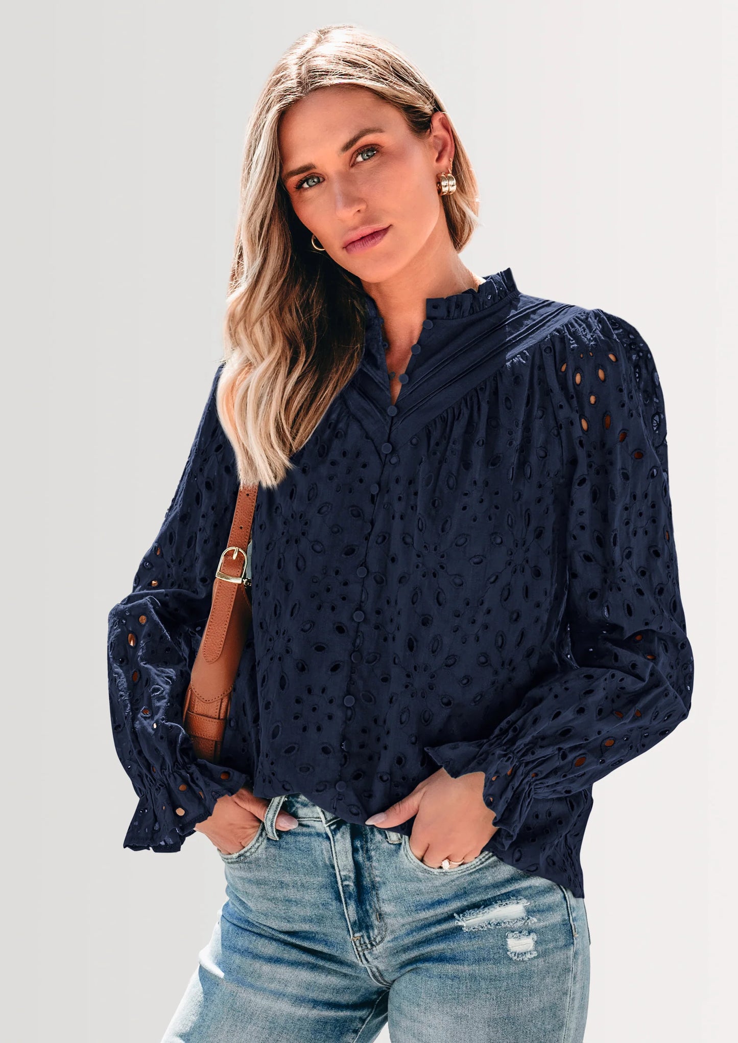 Women's Dressy Casual Blouse Tops Fall Spring Puff Long Sleeve Button V Neck Hollow Out Lace Embroidered Shirts