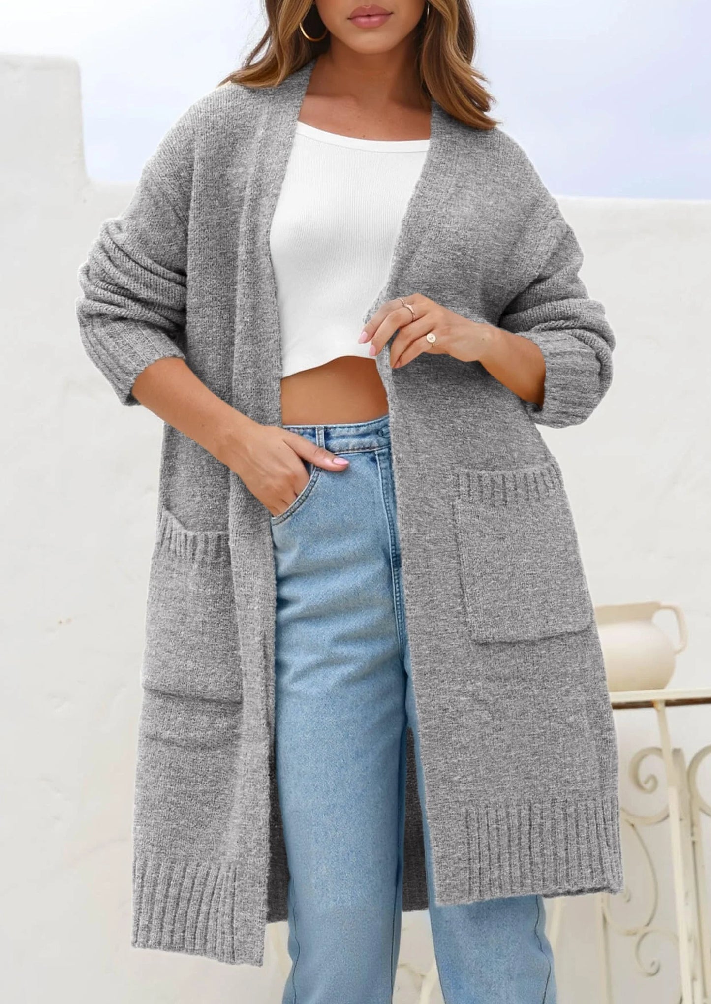 Fall Long Sleeve Cardigan Sweaters for Women Trendy Winter Open Front Loose Knitted Cardigans with Pockets