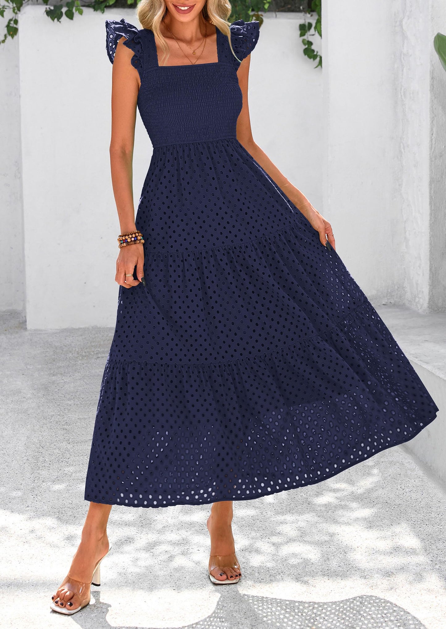 Womens Square Neck Maxi Dresses Cap Sleeve Eyelet Smocked Tiered A Line Flowy Long Dress with Pockets