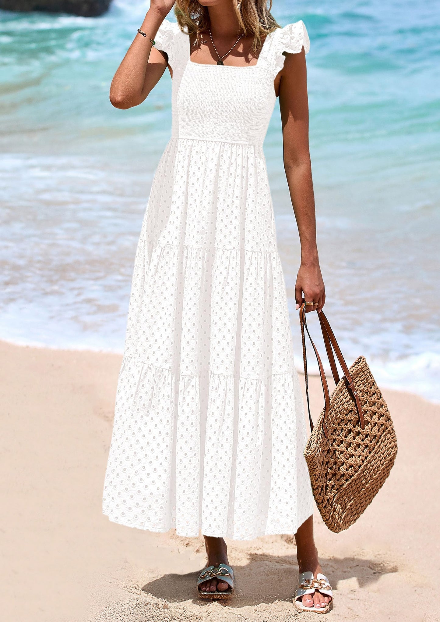 Womens Square Neck Maxi Dresses Cap Sleeve Eyelet Smocked Tiered A Line Flowy Long Dress with Pockets