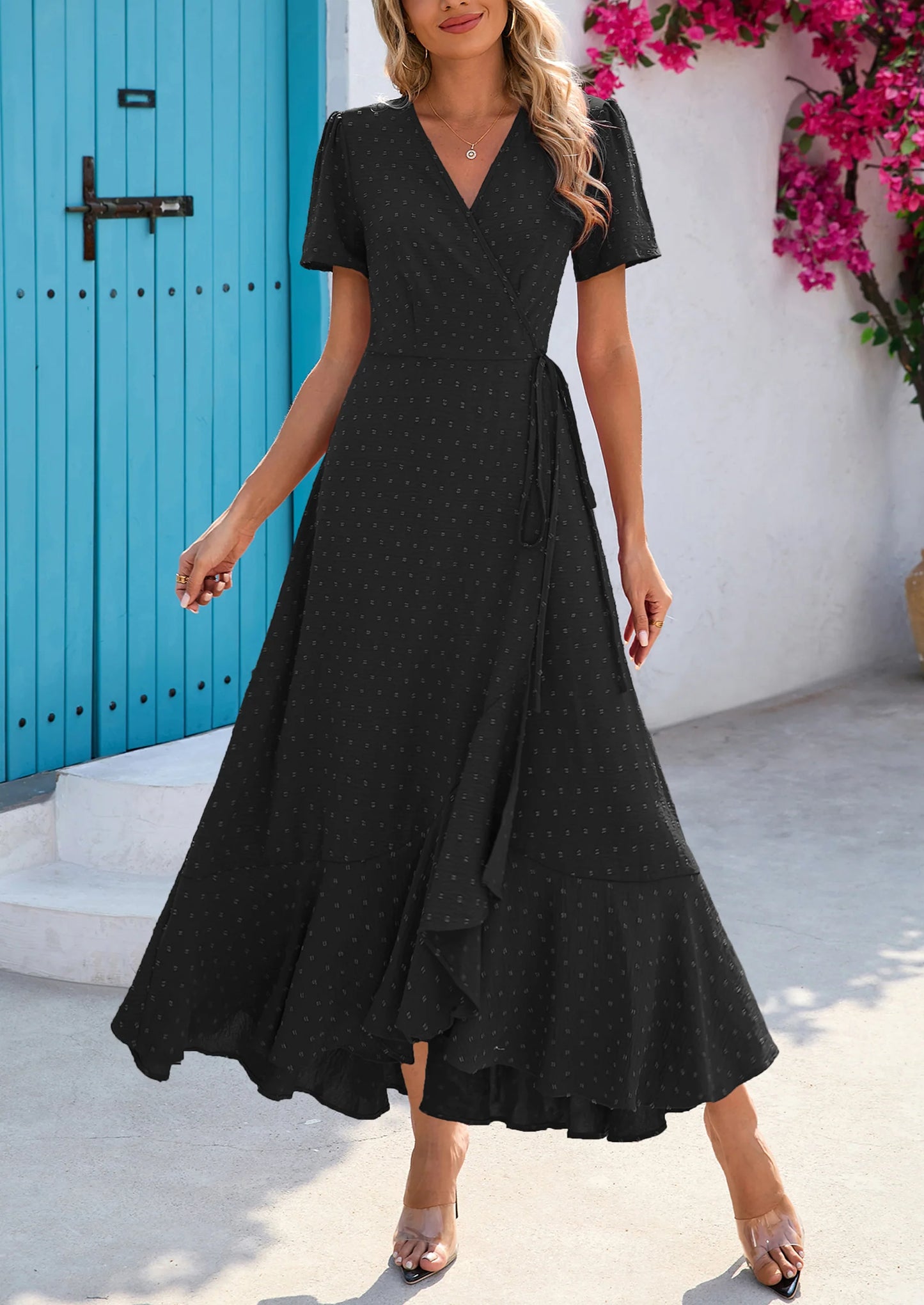 Women's Summer Maxi Dress Casual Wrap Floral Boho Short Sleeve V Neck Split Ruffle Beach Long Dresses
