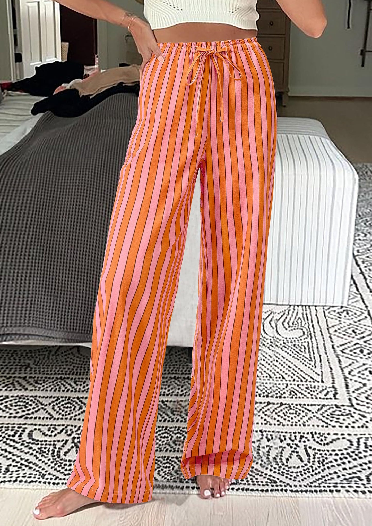 Women's Summer Striped Wide Leg Lounge Pants Trendy Clothes Drawstring Elastic Waist Comfy Pajama Bottoms