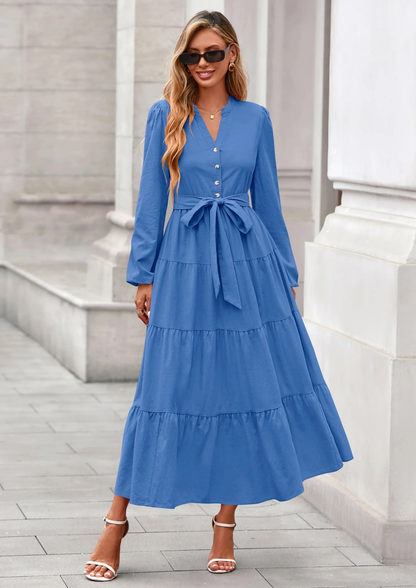Fall Dresses for Women Long Sleeve V Neck Belted Ruffle A Line Flowy Boho Maxi Wedding Guest Dress Pockets