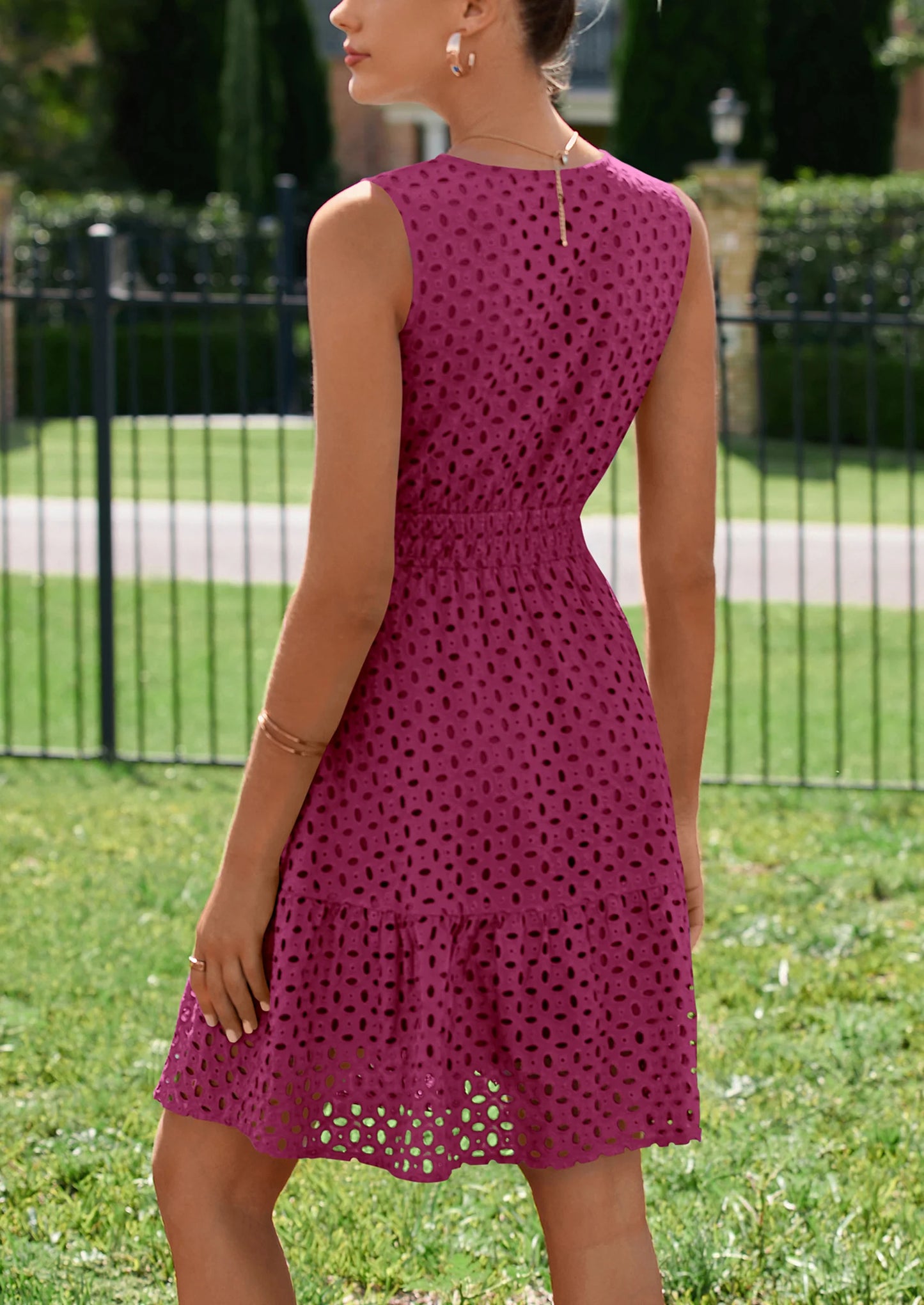 Women's Summer Dresses Sleeveless V Neck Eyelet Hollow Out Swing A Line Beach Vacation Sun Dress