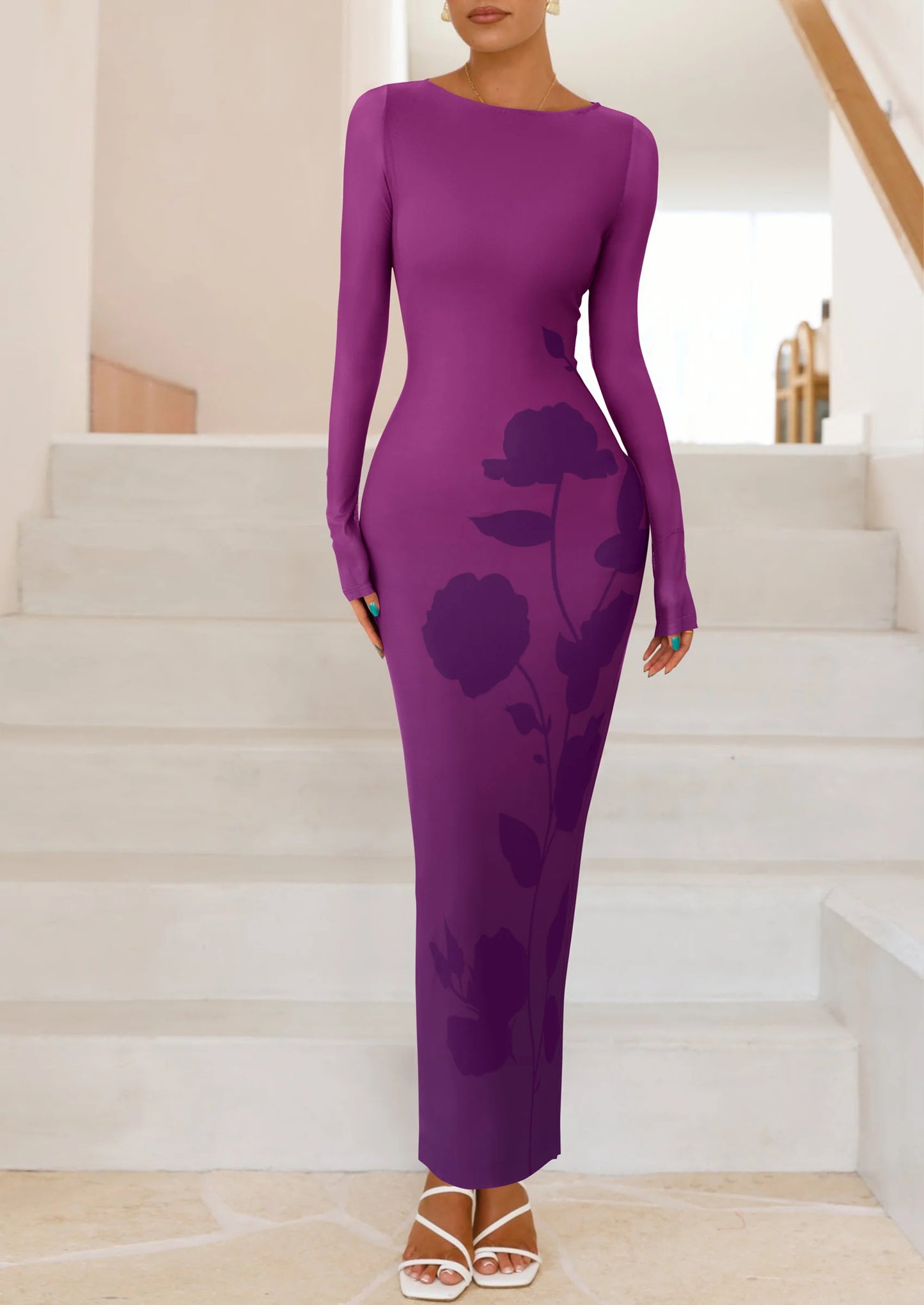 Bodycon Maxi Dress Fall Floral Long Sleeve Sexy Mesh Cocktail Wedding Guest Long Dresses