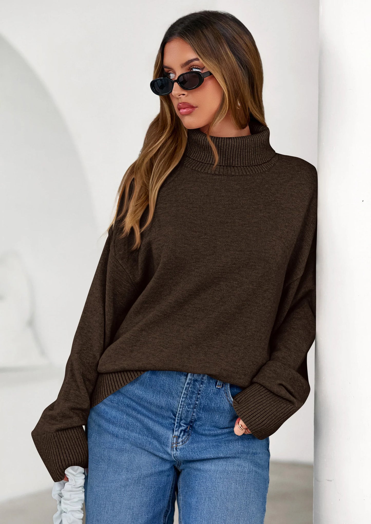 Womens Turtleneck Long Sleeve Sweater Fall Trendy Loose Fit Casual Tops Chunky Knit Pullover Sweaters
