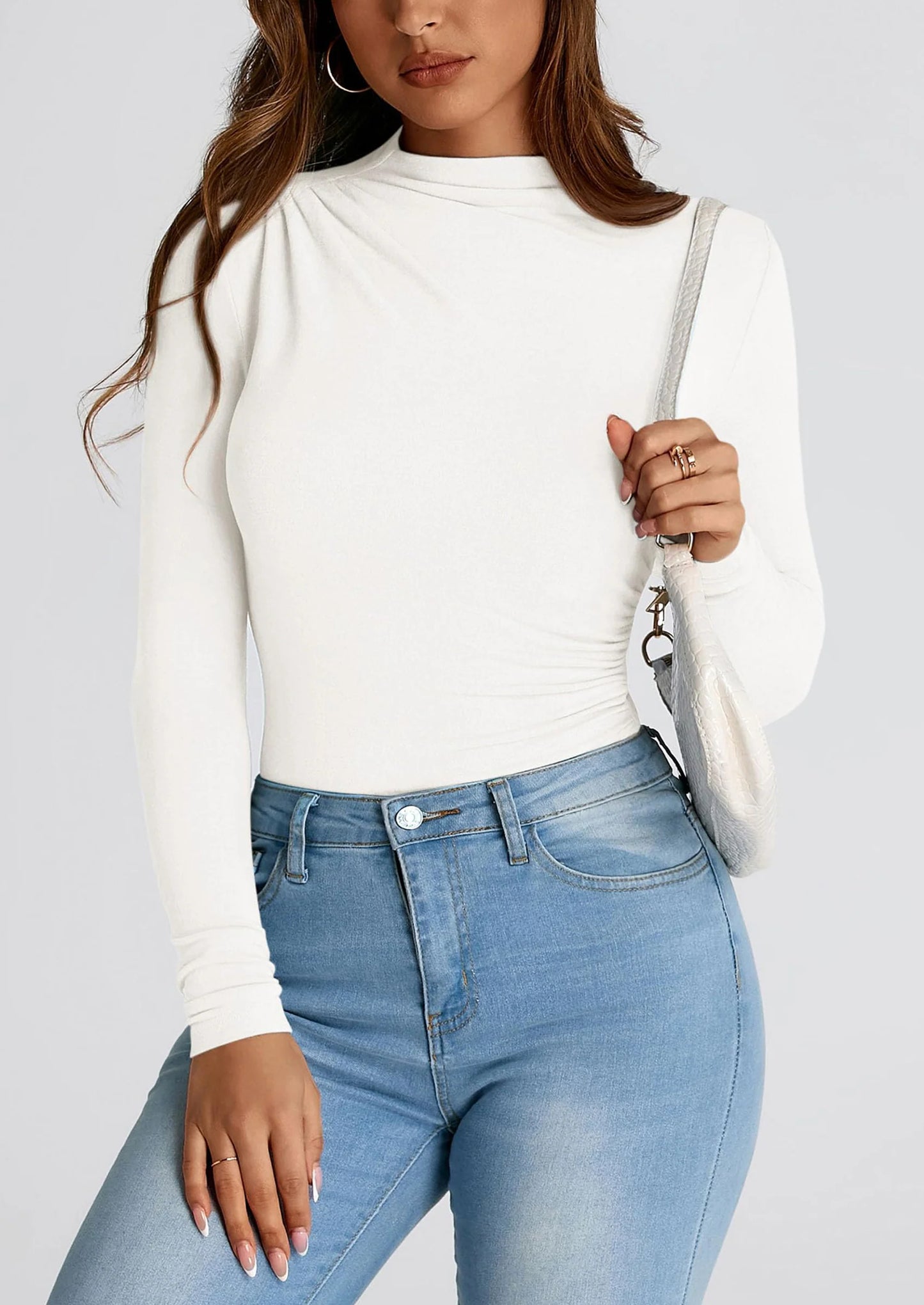 Womens Fall Y2K Going Out Crop Tops Long Sleeve Mock Neck Ruched Slim Fitted Basic Trendy Casual T Shirts Blouse