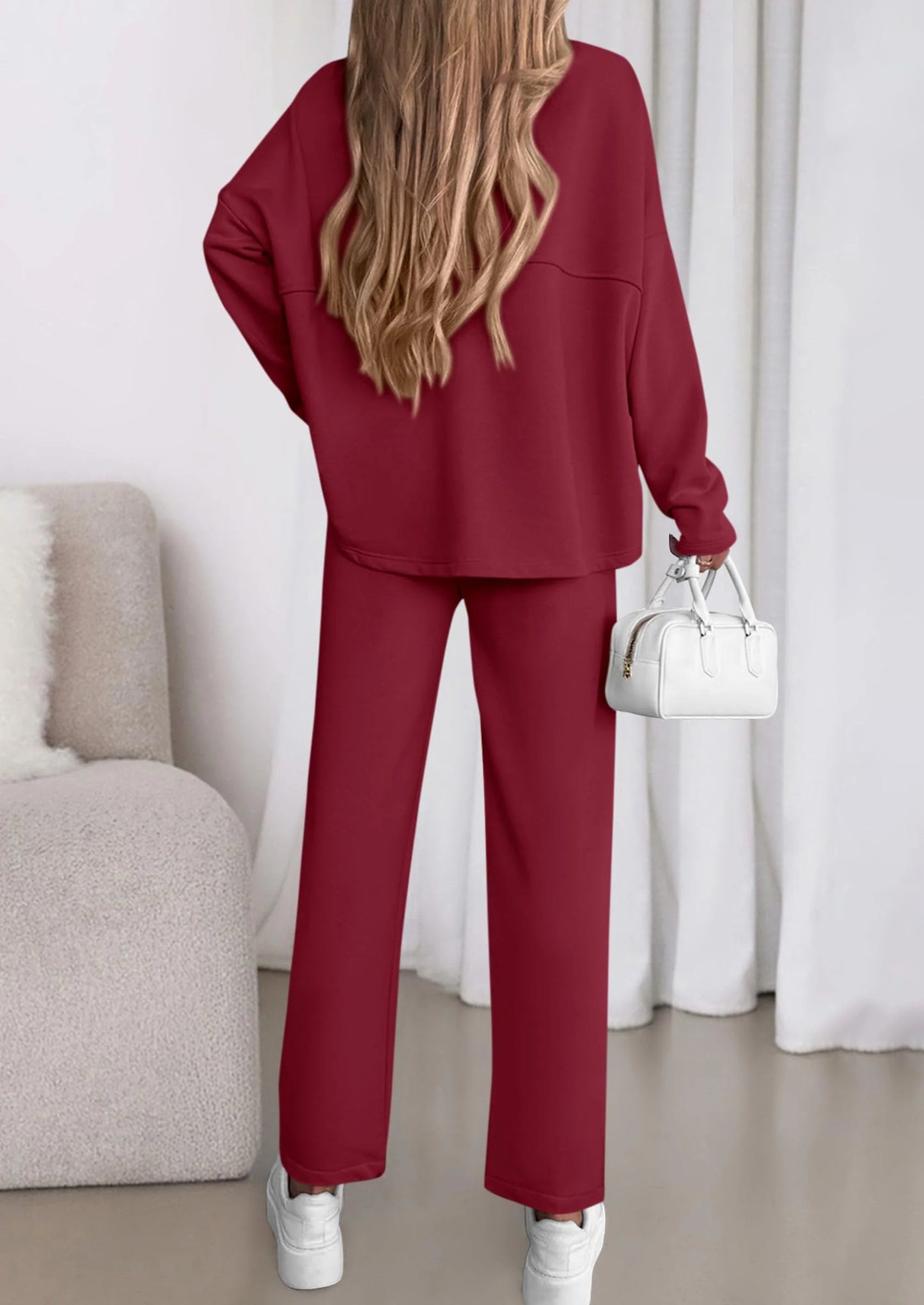 Womens 2 Piece Matching Lounge Sets Fall Long Sleeve Boatneck Sweatsuit Drawstring Sweatpants Pockets