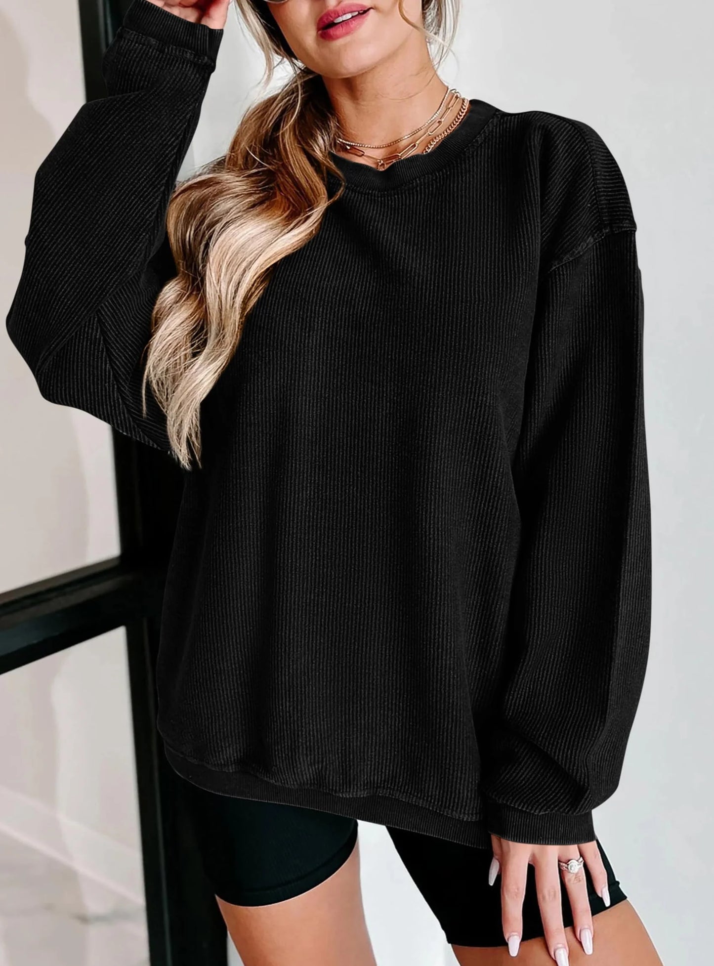 Women's Oversized Sweatshirt 2025 Fall Fashion Clothes Ribbed Corduroy Long Sleeve Going Out Pullover Tops