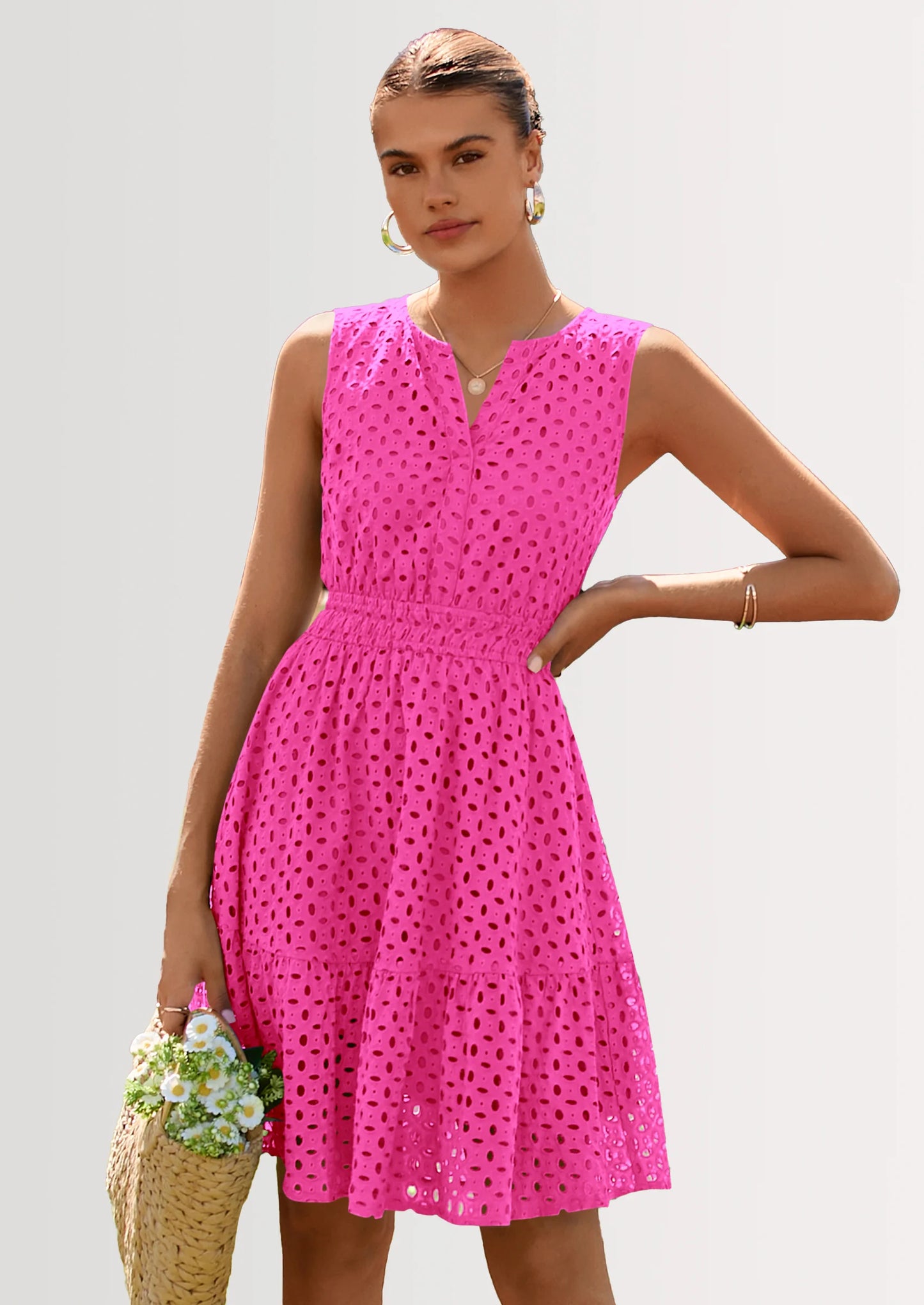 Women's Summer Dresses Sleeveless V Neck Eyelet Hollow Out Swing A Line Beach Vacation Sun Dress