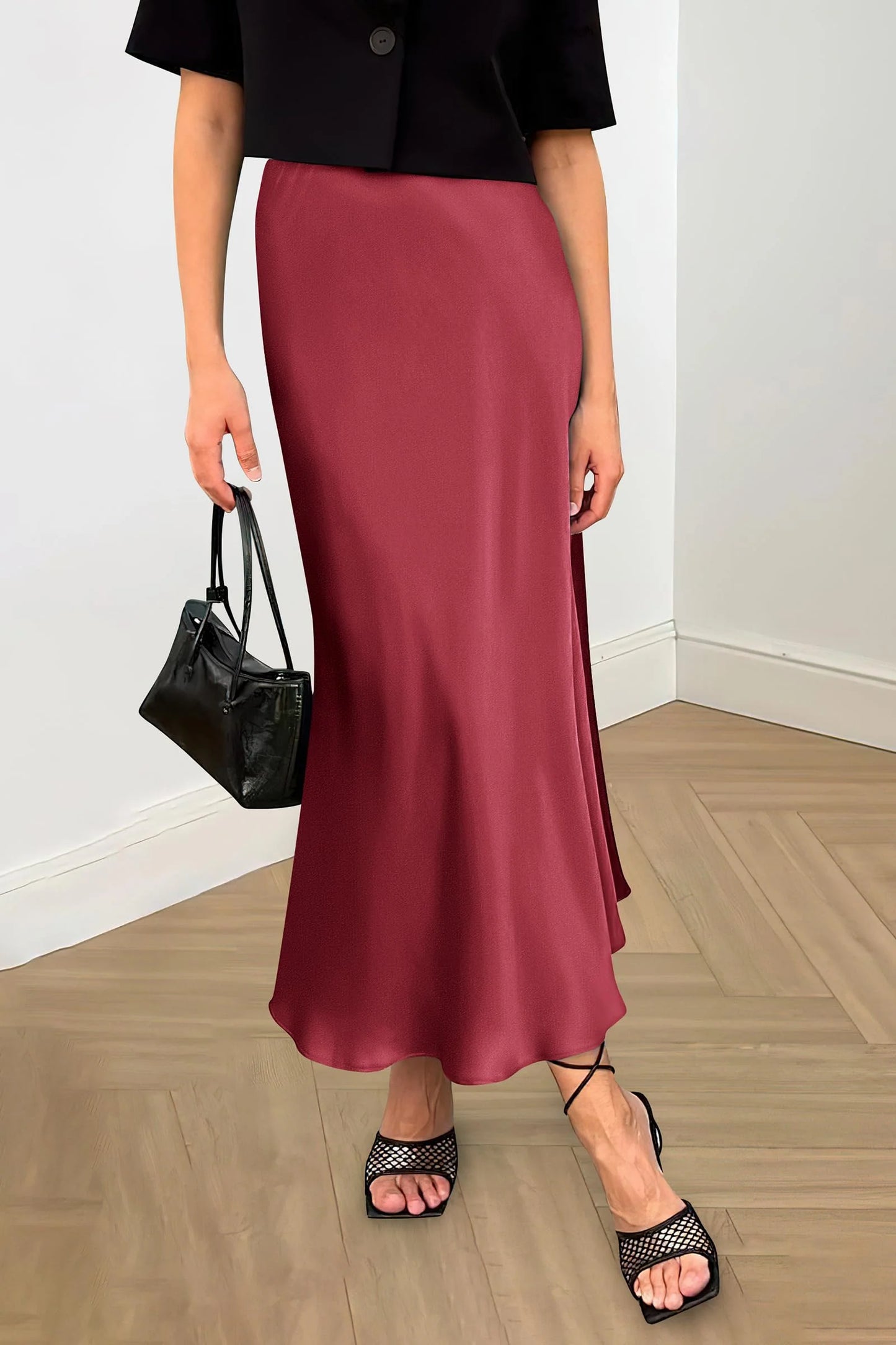 Women's Satin Skirts Dressy Casual Fall High Waisted Cocktail Wedding Flowy Elegant A Line Midi Skirt