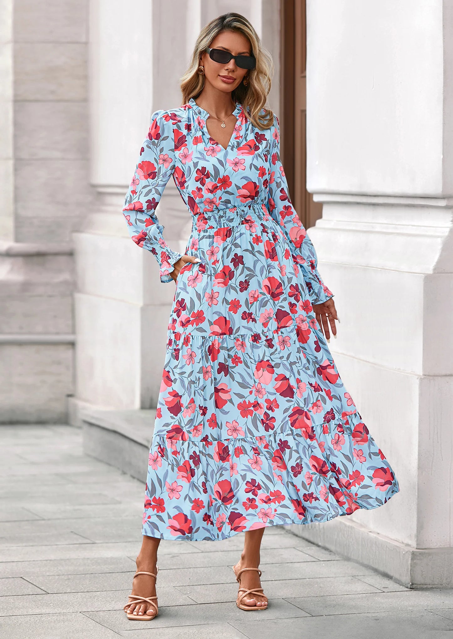 Women's Floral Maxi Dress Spring Long Sleeve V Neck Casual A Line Long Flowy Boho Party Dresses