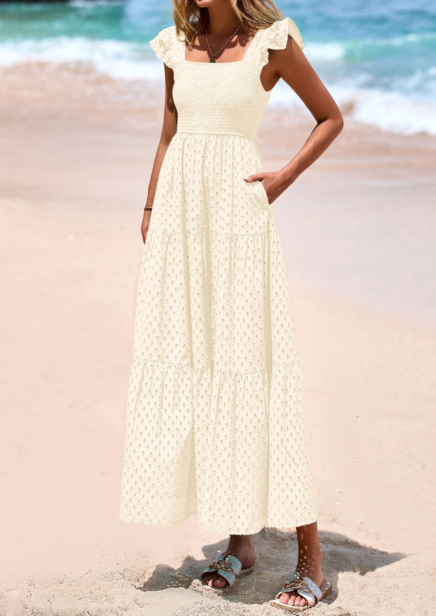Womens Square Neck Maxi Dresses Cap Sleeve Eyelet Smocked Tiered A Line Flowy Long Dress with Pockets