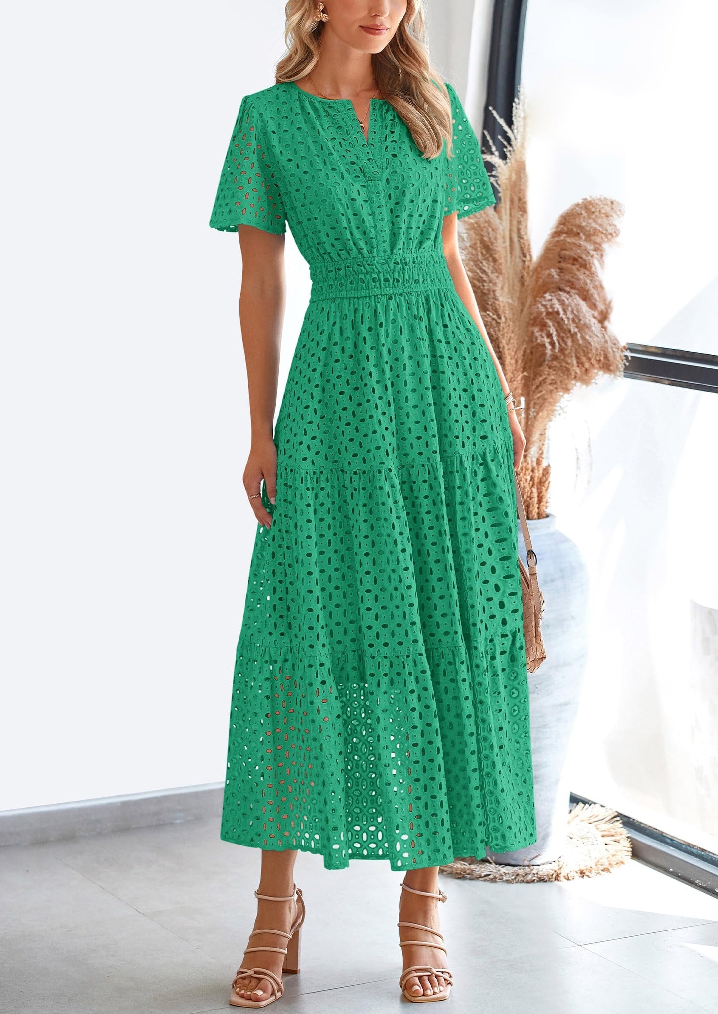 Womens Maxi Dress Short Sleeve V Neck Hollow Out Eyelet A Line Long Flowy Beach Vacation Dresses