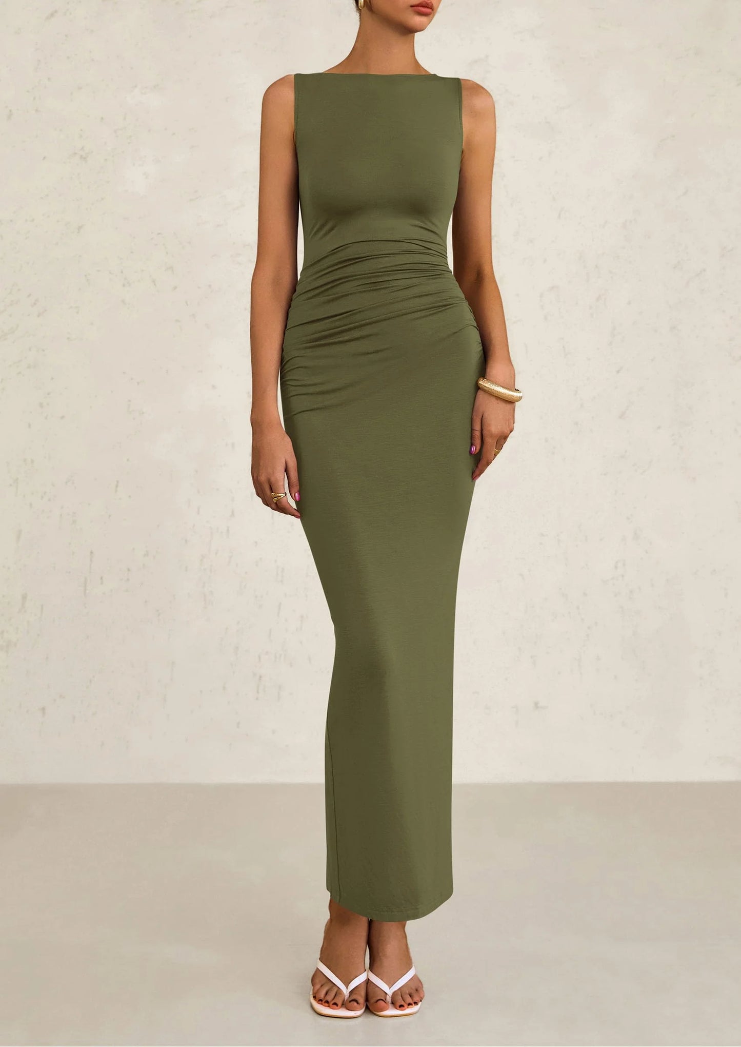 Women's Semi Formal Midi Dresses Sleeveless Ruched Bodycon Long Elegant Cocktail Wedding Guest Dress