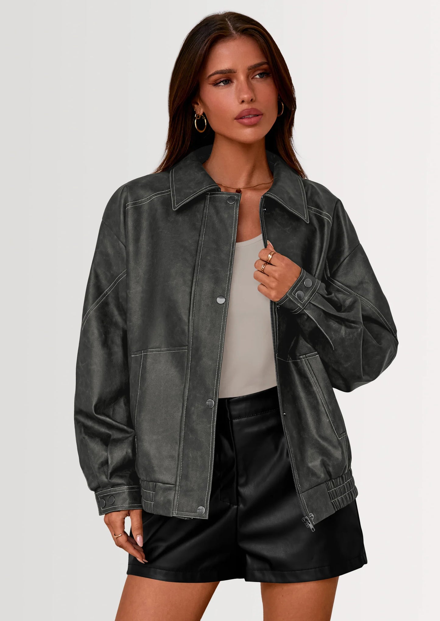 Faux Leather Jacket Women Bomber Motorcycle Zip Up Jackets Oversized Fall Fashion Outfits Winter Coats