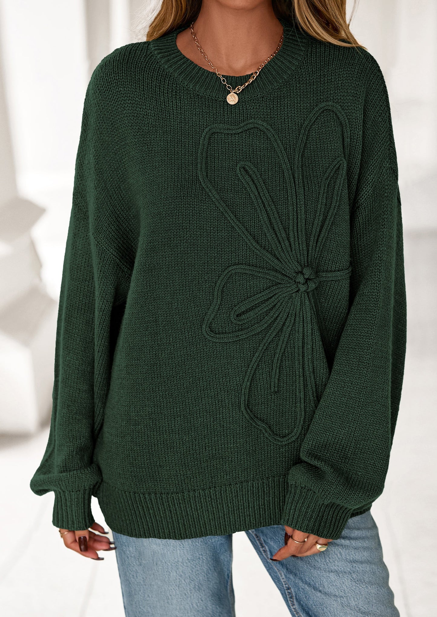 Womens Sweaters Fall Fashion Long Sleeve Crewneck Floral Knit Pullover Sweater Tops Winter Clothes