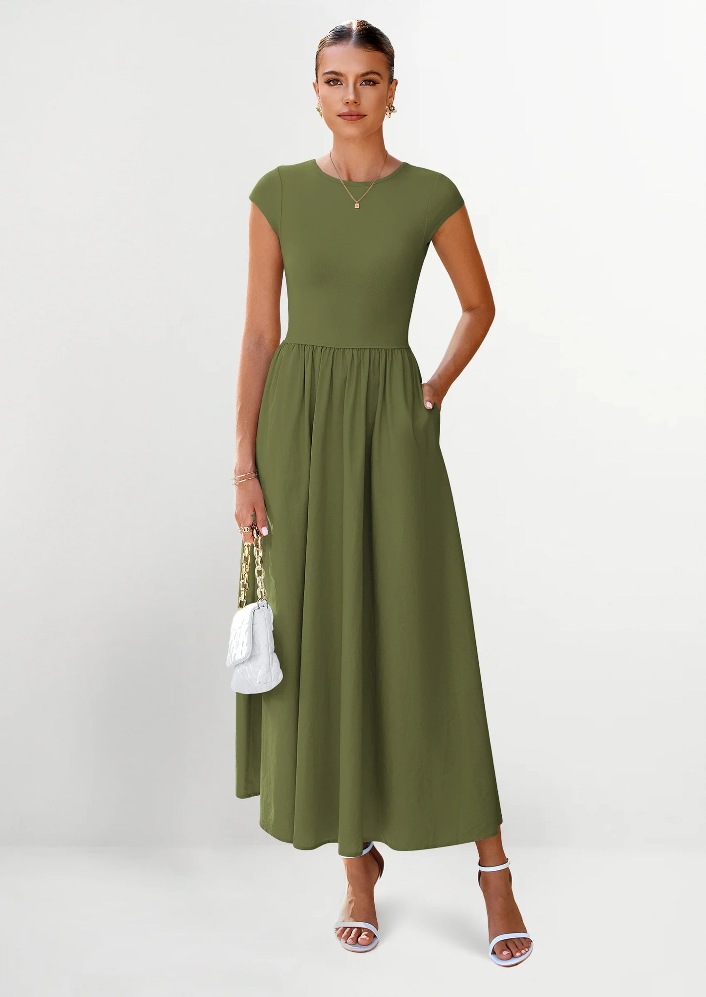 Women's Casual Long Dresses Cap Sleeve Patchwork A Line Flowy Modest Elegant Homecoming Maxi Dress