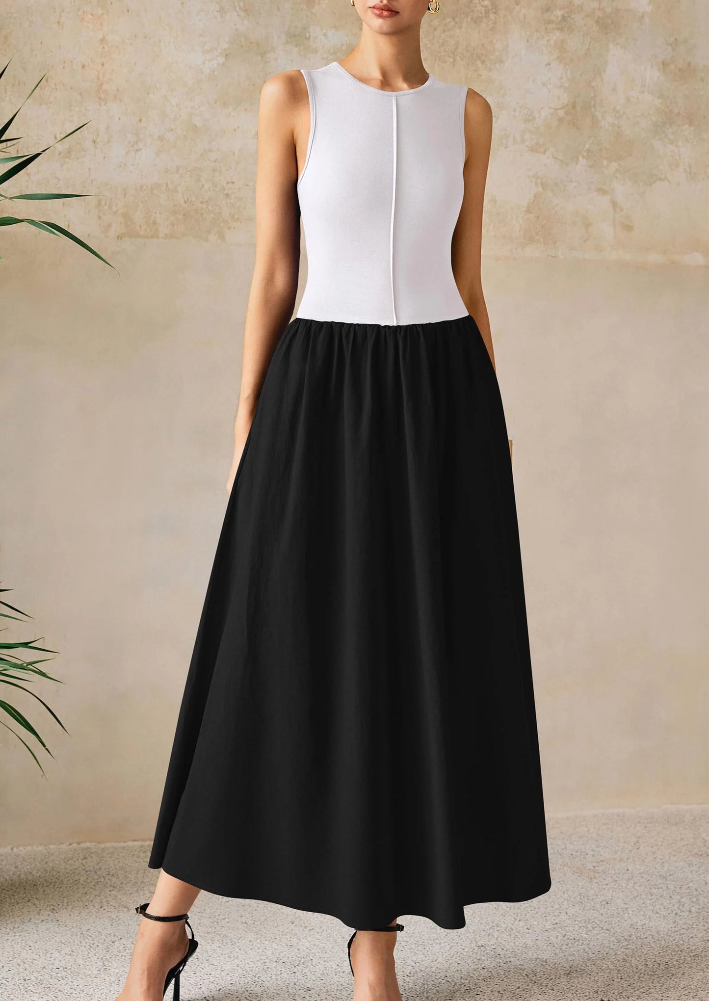 Women Maxi Dresses Casual Sleeveless Patchwork Knit Tank Dress Flowy Beach Sundress Long Dress