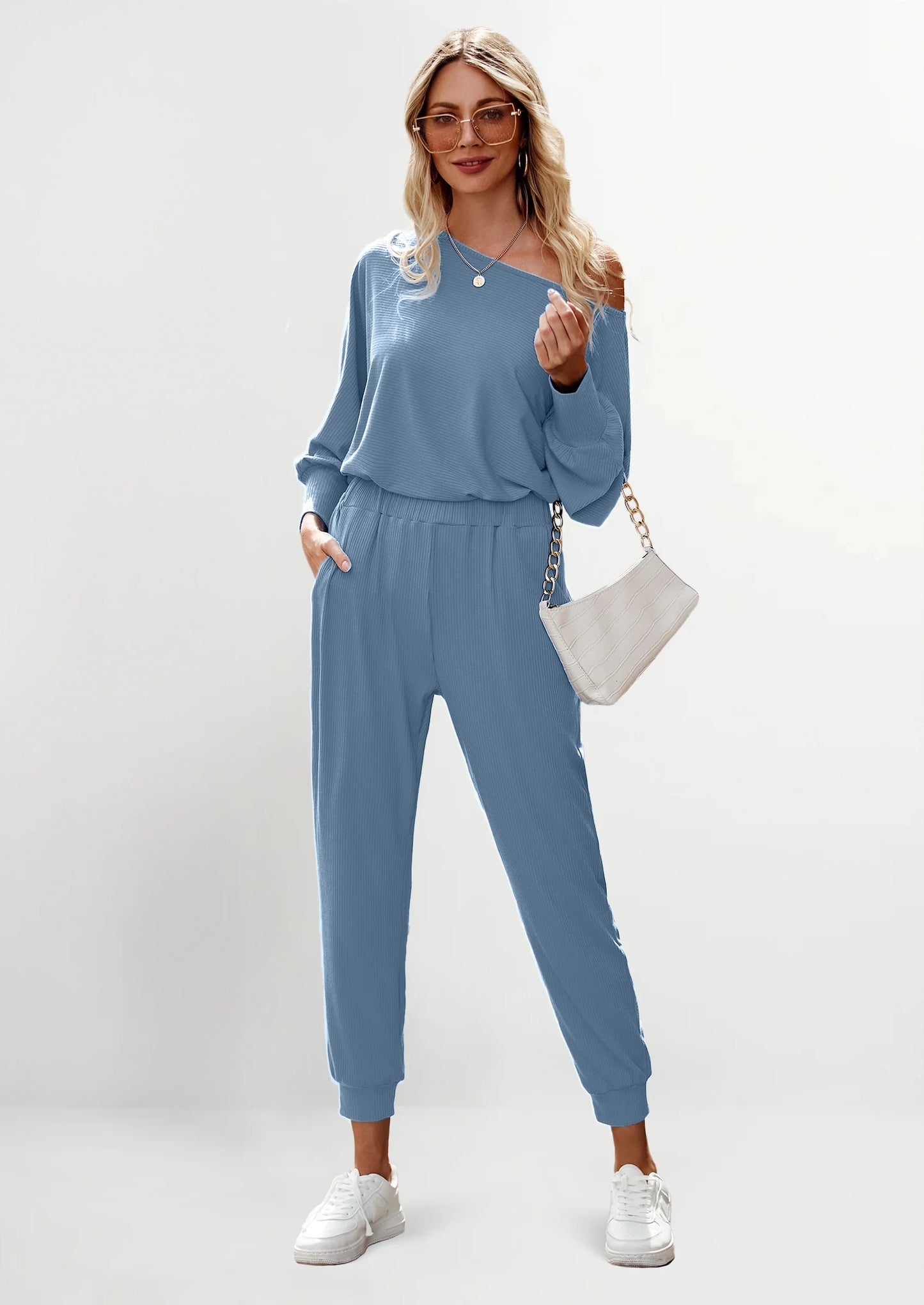 Women's 2 Piece Ribbed Tracksuit Outfits Off Shoulder Long Sleeve Pullover Lounge Pants with Pockets
