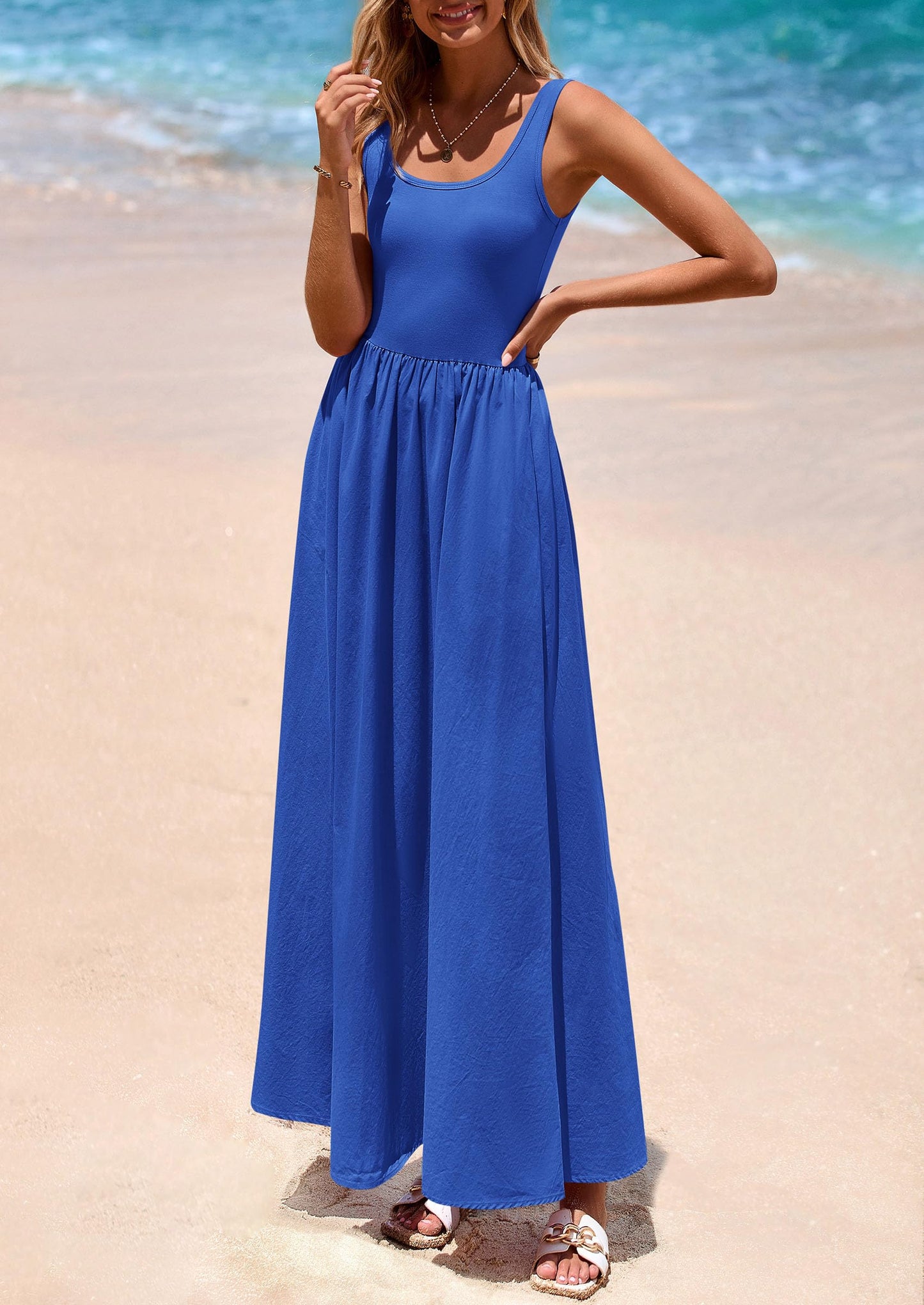Womens Summer Casual Scoop Neck Sleeveless Long Dresses Tank Top Patchwork Aline Swing Maxi Dress with Pockets